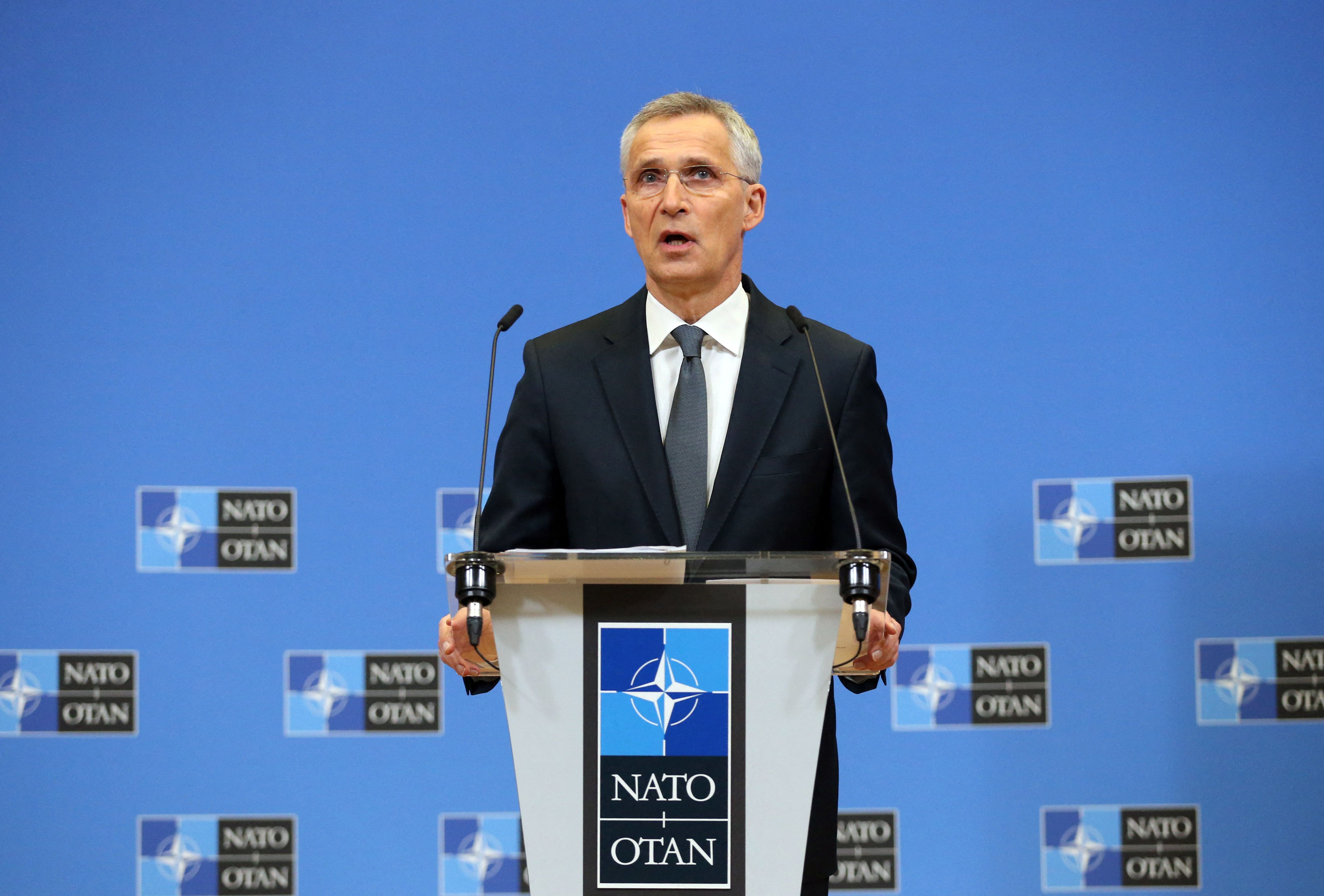 NATO General Secretary Jens Stoltenberg speaks during a press conference at the NATO headquarters in Brussels, Belgium, on April 5.