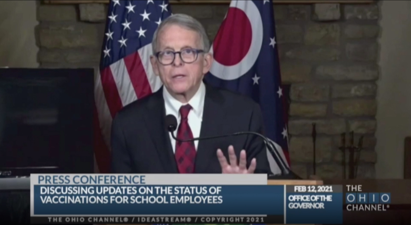 Ohio Governor Mike DeWine speaks during a press conference in Columbus, Ohio, on February 12.