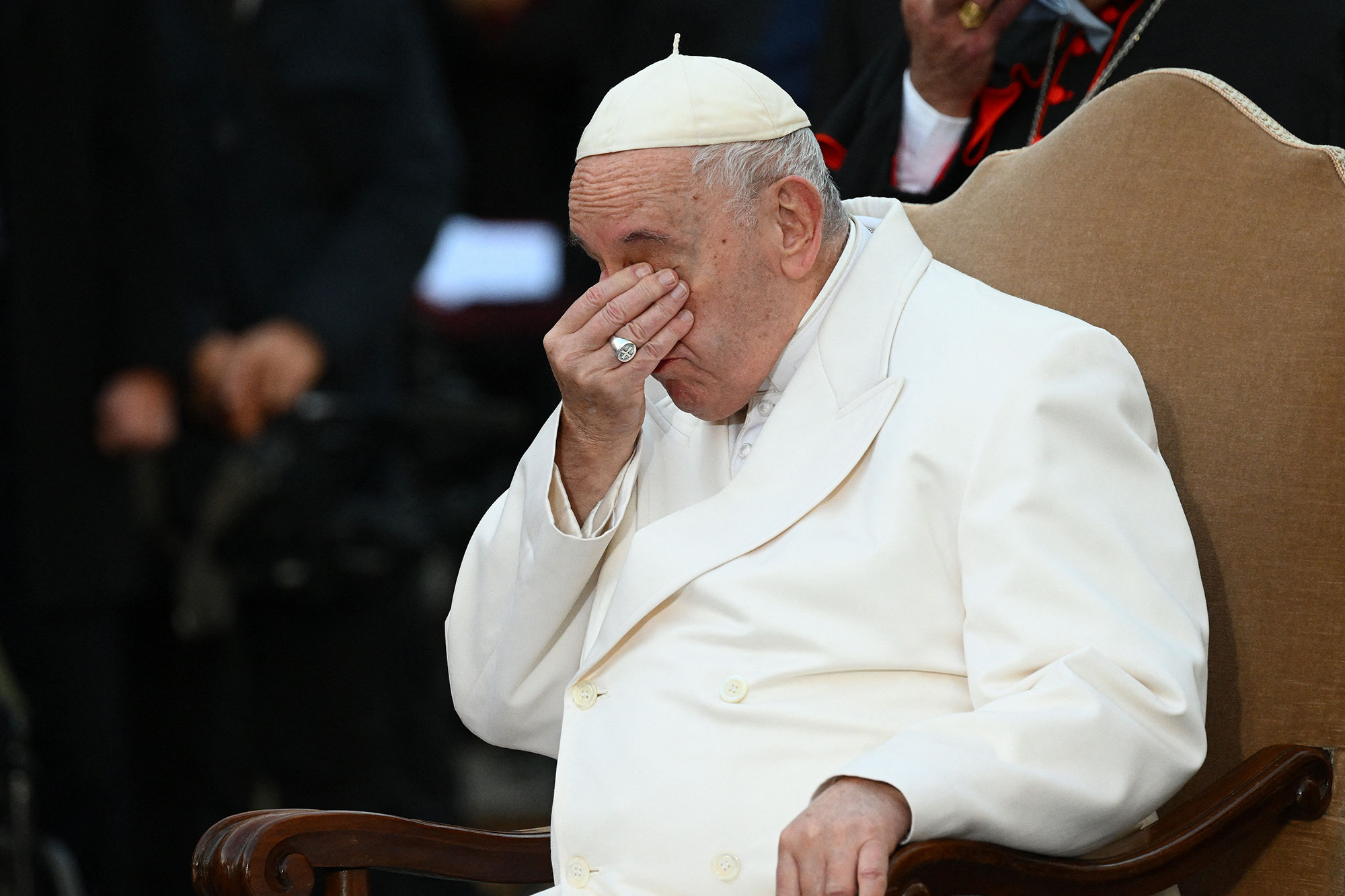 Pope Francis is emotional after he recited a prayer on behalf of the Ukrainian people, during a traditional visit to the statue dedicated to the Immaculate Conception near Piazza di Spagna in central Rome, Italy, on December 8.