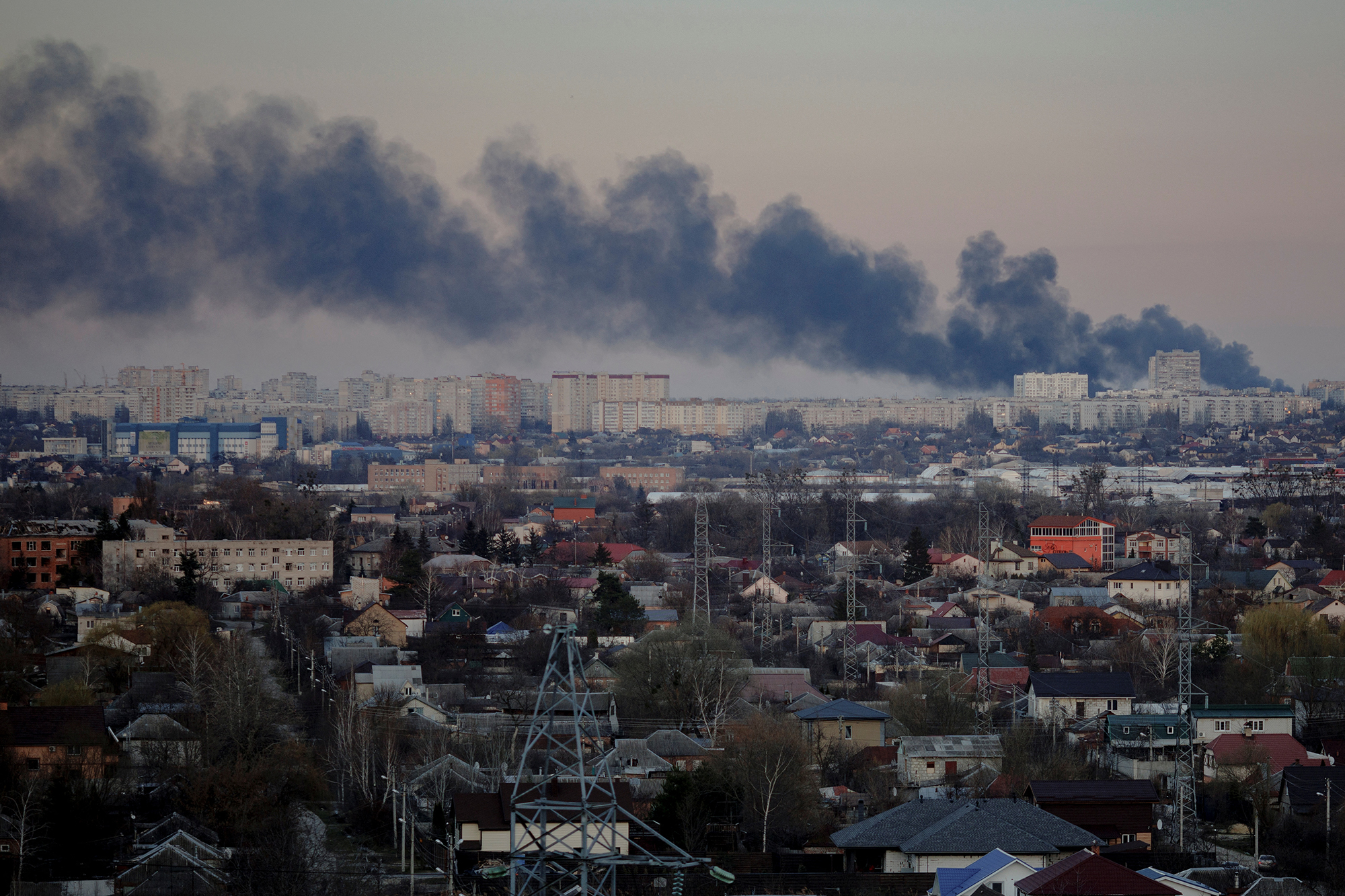Smoke rises from the Kulinichi bread factory after it was hit by shelling in Kharkiv, Ukraine, onApril 7 2022. REUTERS/Thomas Peter