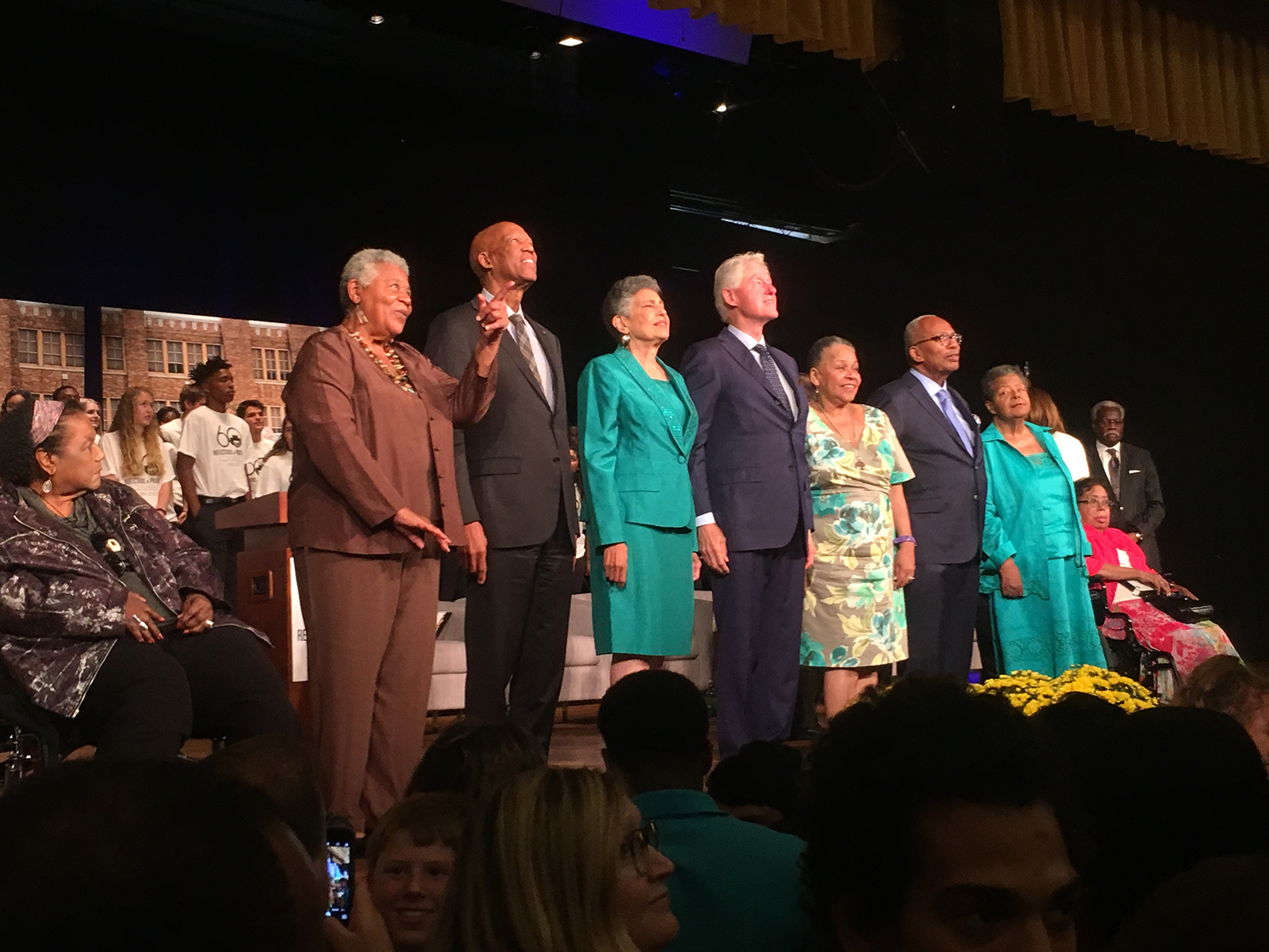 Surviving members of the Little Rock Nine stand with former President Bill Clinton at Little Rock Central High School for the 60th anniversary of the school’s desegregation in 2017. Left to right: Melba Pattillo Beals, Minnijean Brown-Trickey, Terrence Roberts, Carlotta Walls LaNier, Clinton, Gloria Ray Karlmark, Ernest Green, Elizabeth Eckford and Thelma Mothershed-Wair.