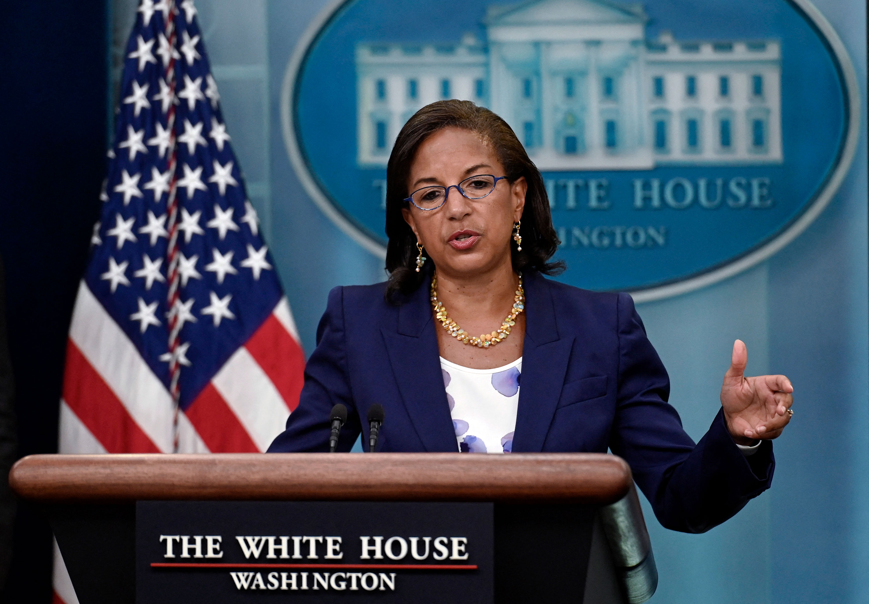Susan Rice speaks during the daily press briefing at the White House in Washington, DC, on Wednesday.