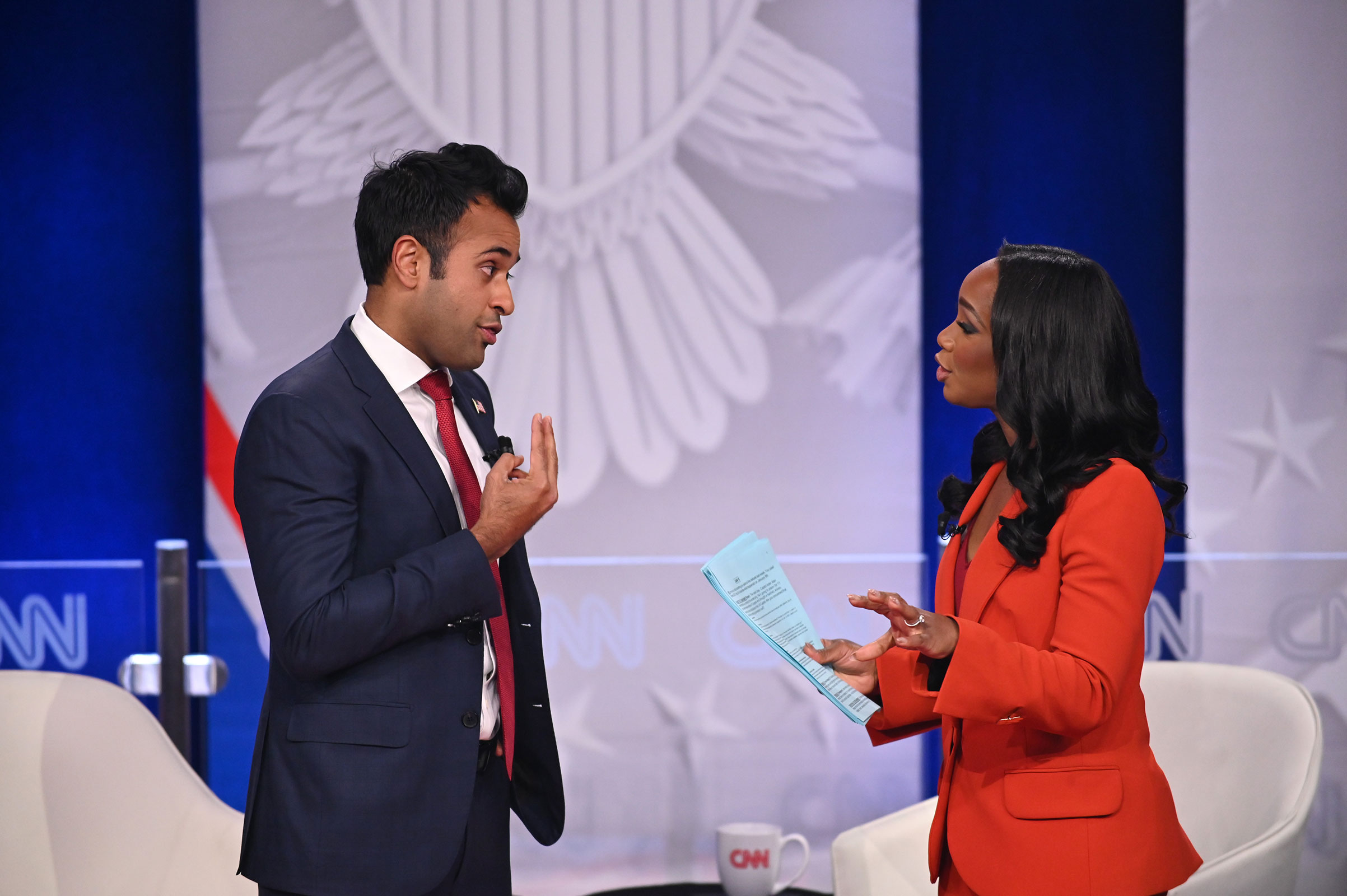 CNN’s Abby Phillip pushes back on an answer from Republican presidential candidate Vivek Ramaswamy during a CNN Republican Town Hall at Grand View University in Des Moines, Iowa, on Wednesday, December 13.