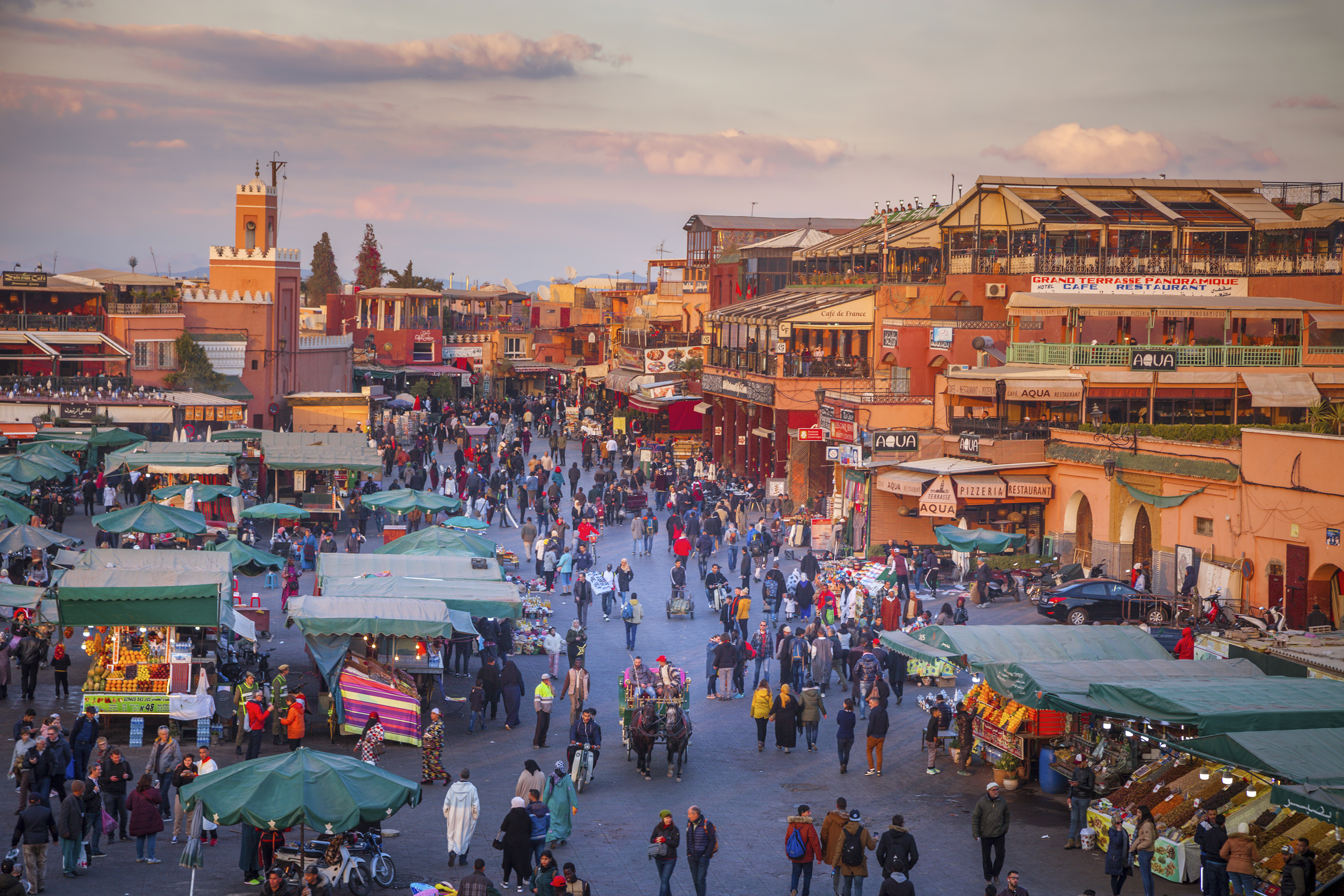 Jemaa el-Fnaa, a square and market place, in Marrakesh, Morocco.