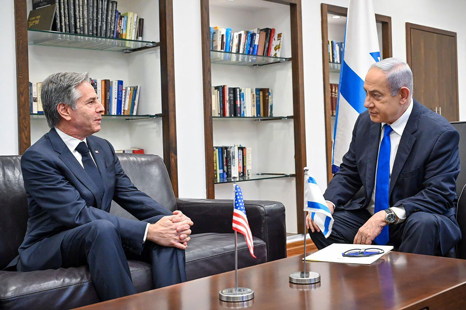 Israeli Prime Minister Benjamin Netanyahu welcomes the US Secretary of State Antony Blinken, left, during his official visit in Tel Aviv on Tuesday, January 9.