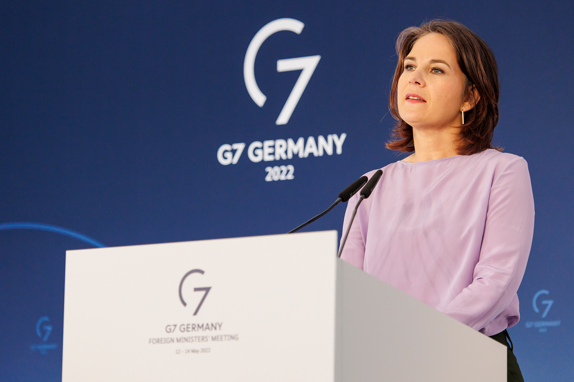 German Foreign Minister Annalena Baerbock speaks at a press conference on May 14, in Holstein, Germany. 