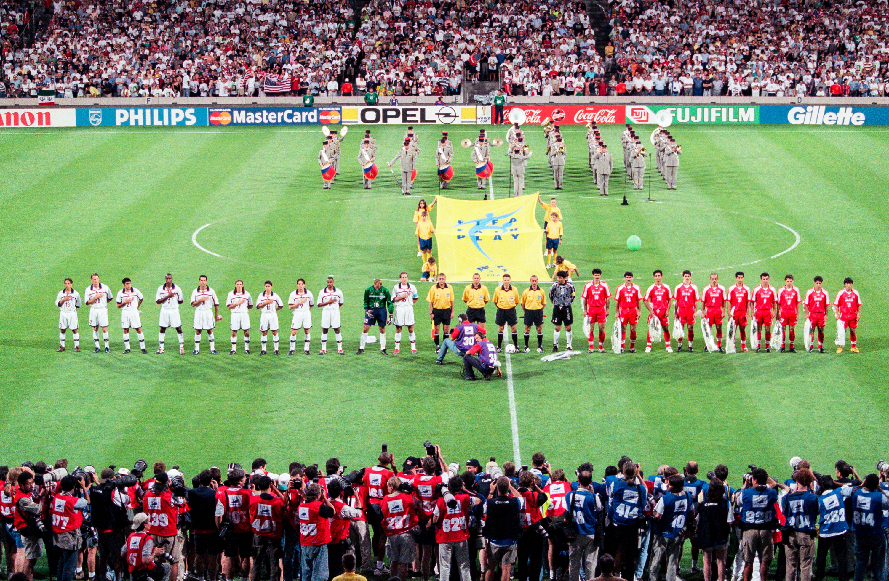 The US and Iran soccer teams line up before their World Cup match in 1998 in Lyon, France.
