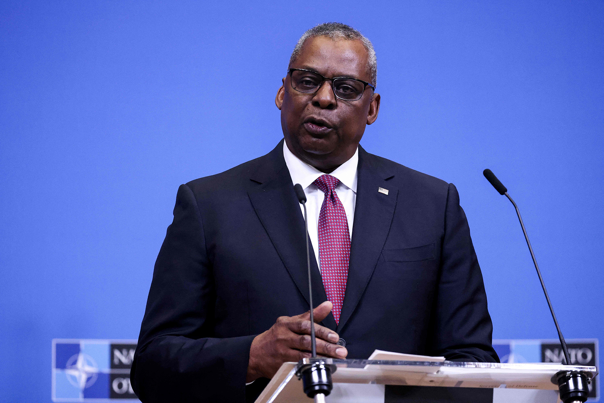 Defense Secretary Lloyd Austin holds a press conference at the end of a two-day meeting of NATO in Brussels on February 15.