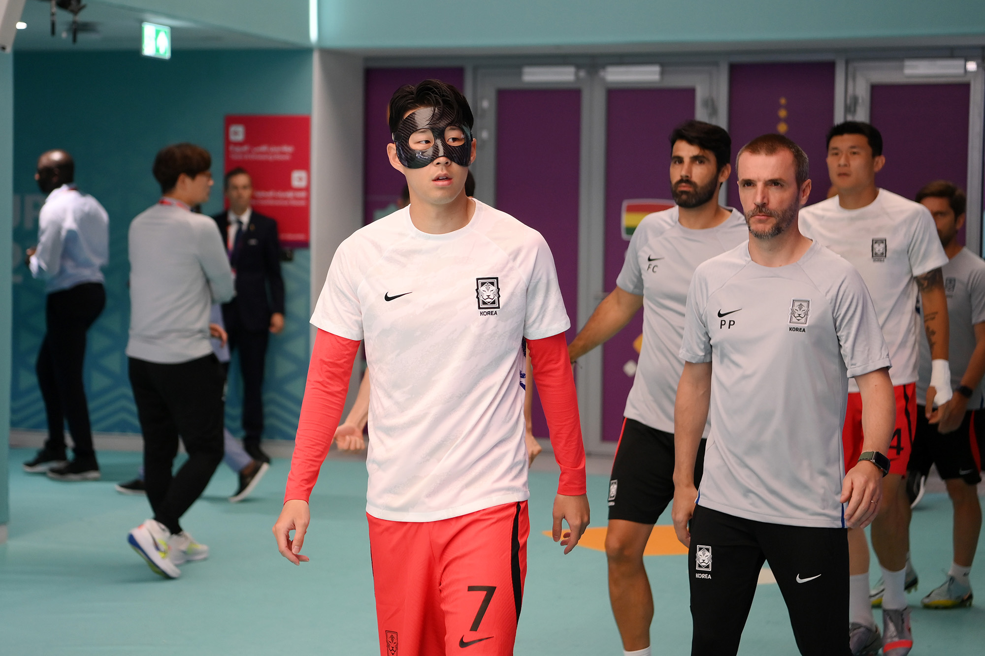 Son Heung-min walks out for the warm up prior match between South Korea and Ghana at Education City Stadium on November 28.