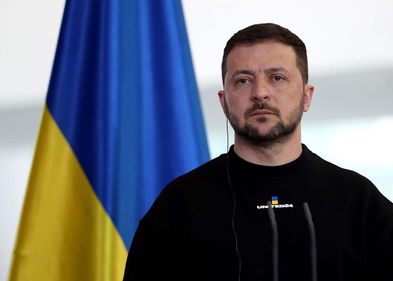 Ukrainian President Volodymyr Zelensky speaks at a press conference in Berlin, Germany, on May 14. 