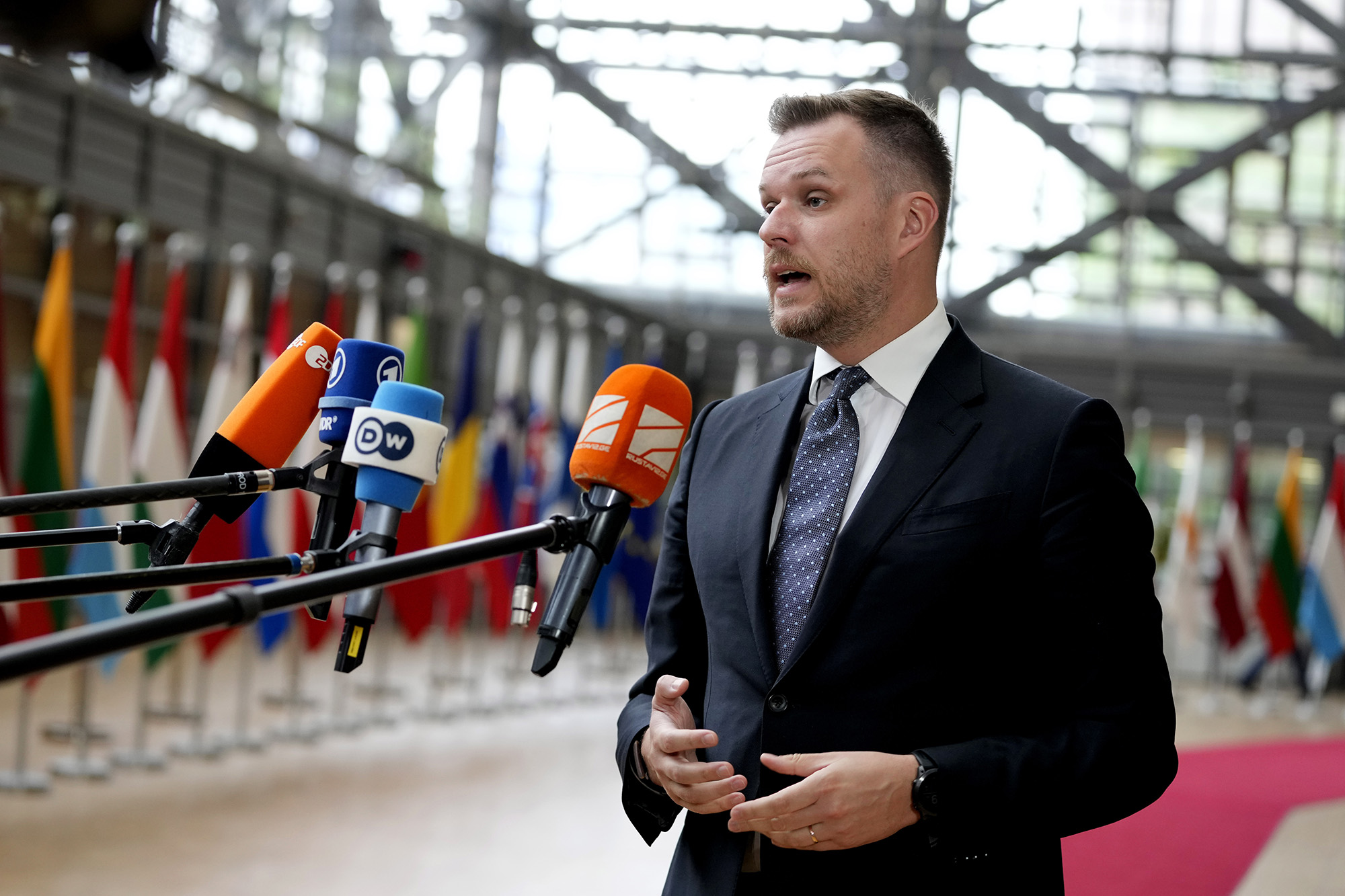 Lithuania's Foreign Minister Gabrielius Landsbergis speaks with the media as he arrives for a meeting of EU foreign ministers at the European Council building in Brussels, Belgium, on May 22.