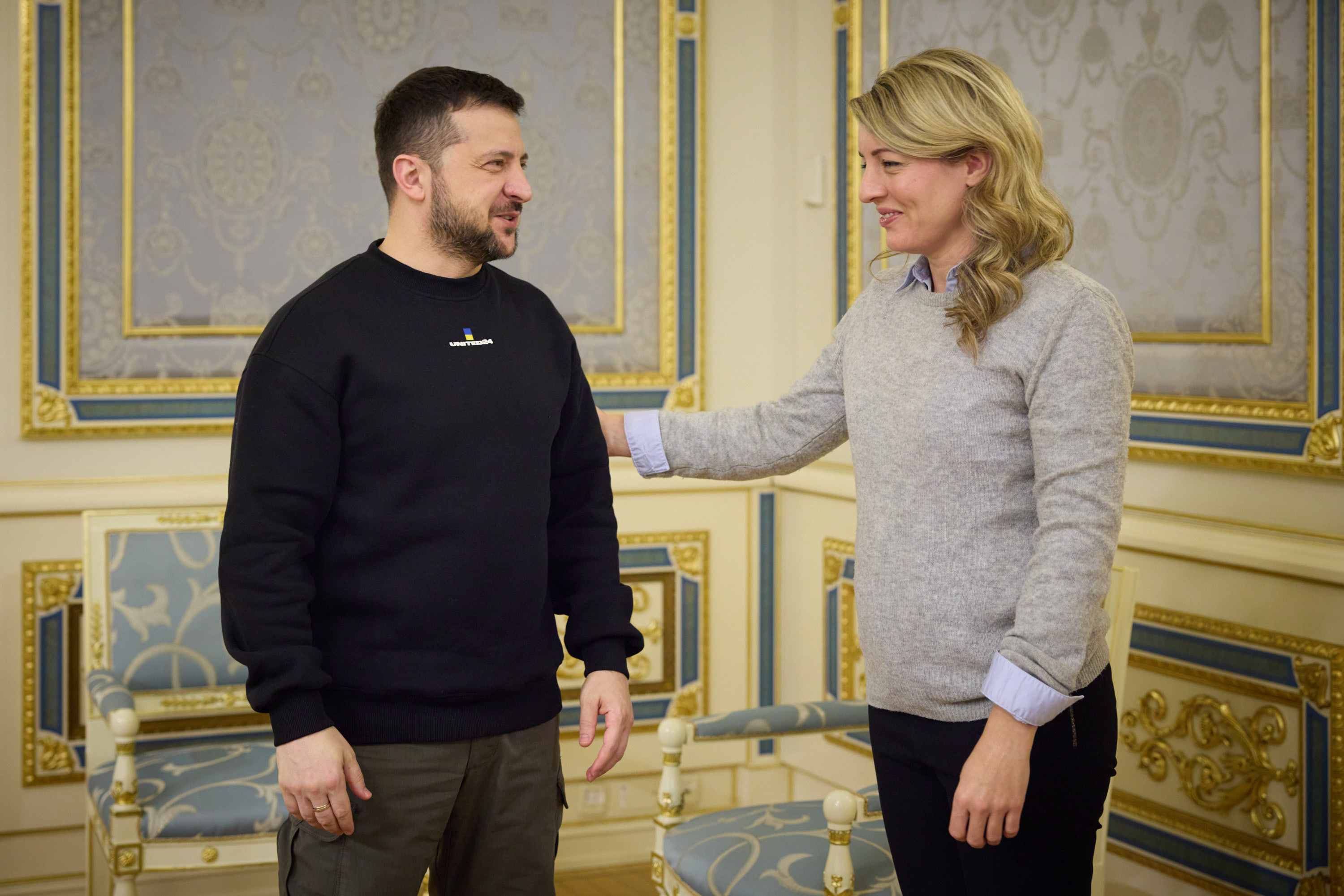 This handout photo from the Presidential Office of Ukraine shows President of Ukraine Volodymyr Zelensky and Minister of Foreign Affairs of Canada Mélanie Joly.