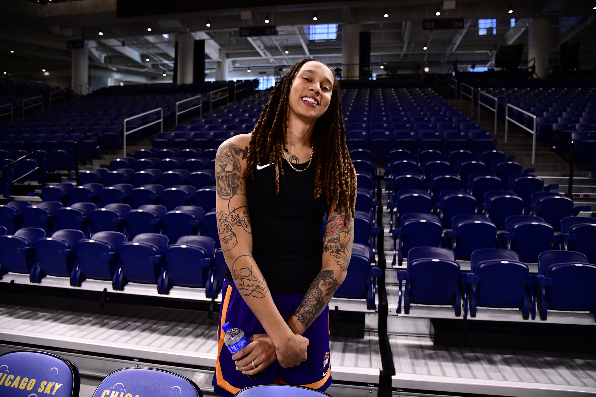 Brittney Griner #42 of the Phoenix Mercury poses for a photo at practice and media availability during the 2021 WNBA Finals on October 16, 2021, at Wintrust Arena in Chicago, Illinois. 