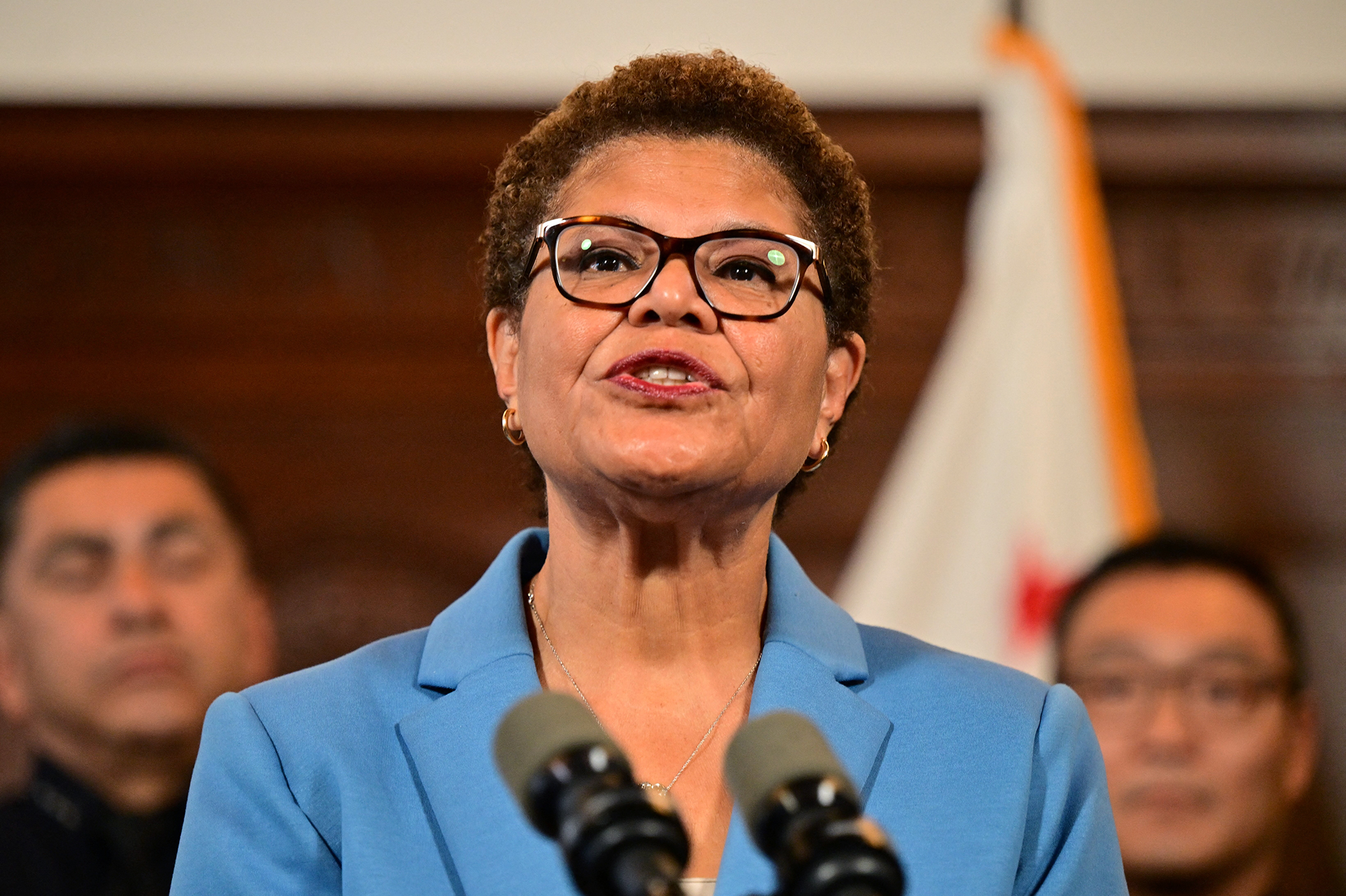 Los Angeles Mayor Karen Bass speaks during a press conference in 2023. 