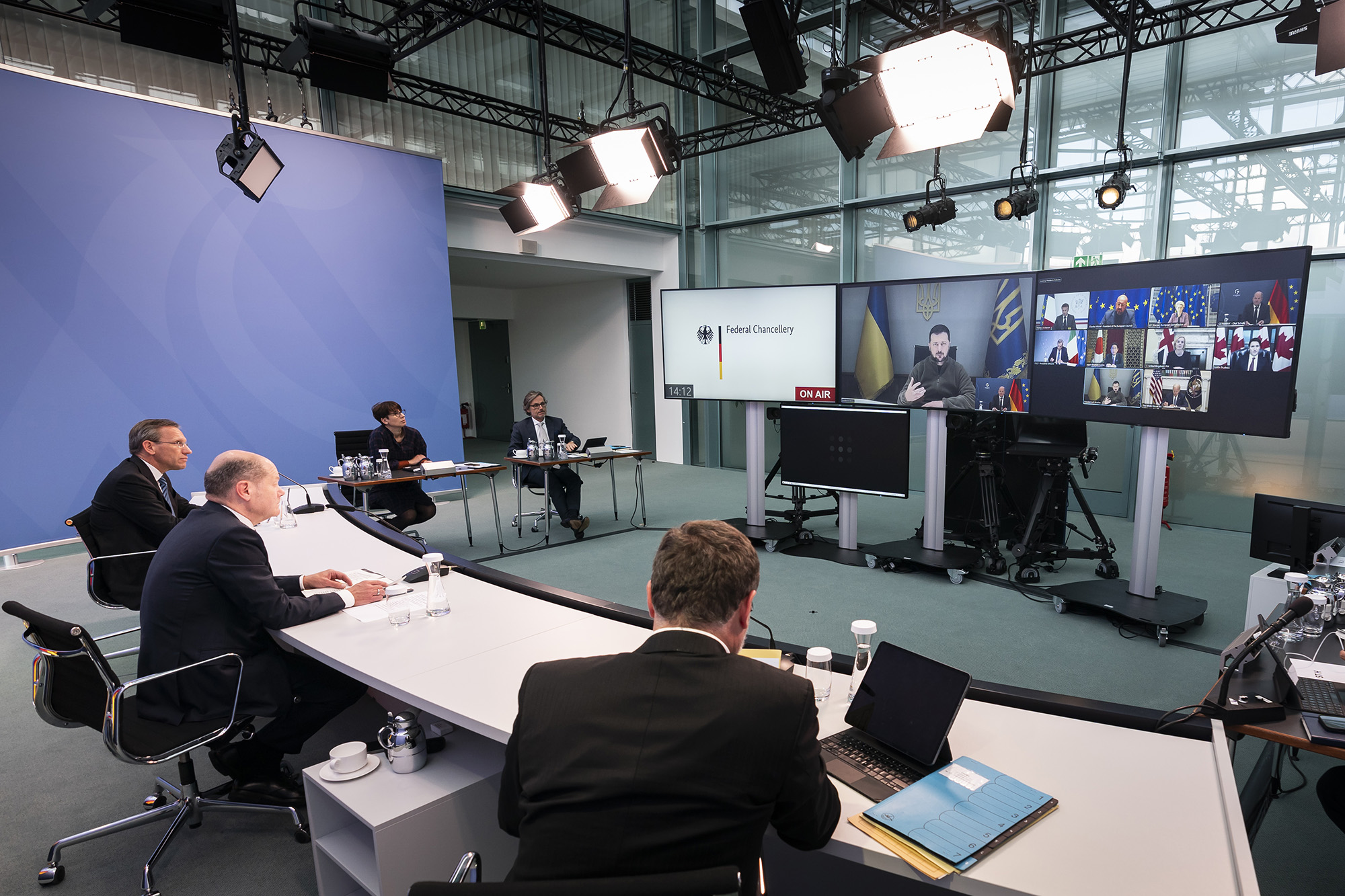 German Chancellor Olaf Scholz takes part in a video conference with Ukrainian President Volodymyr Zelensky and the head of states of the G7 on October 11, n Berlin, Germany.