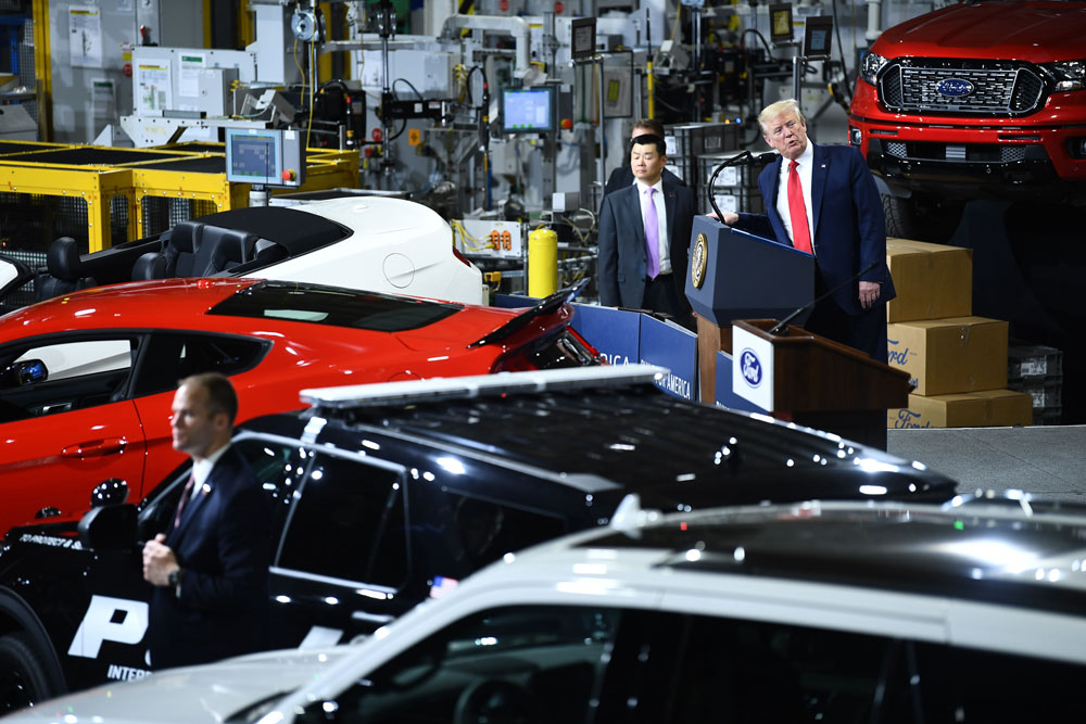 President Donald Trump speaks during a tour at the Ford Rawsonville Plant that has been converted to making personal protection and medical equipment in Ypsilanti, Michigan on May 21.