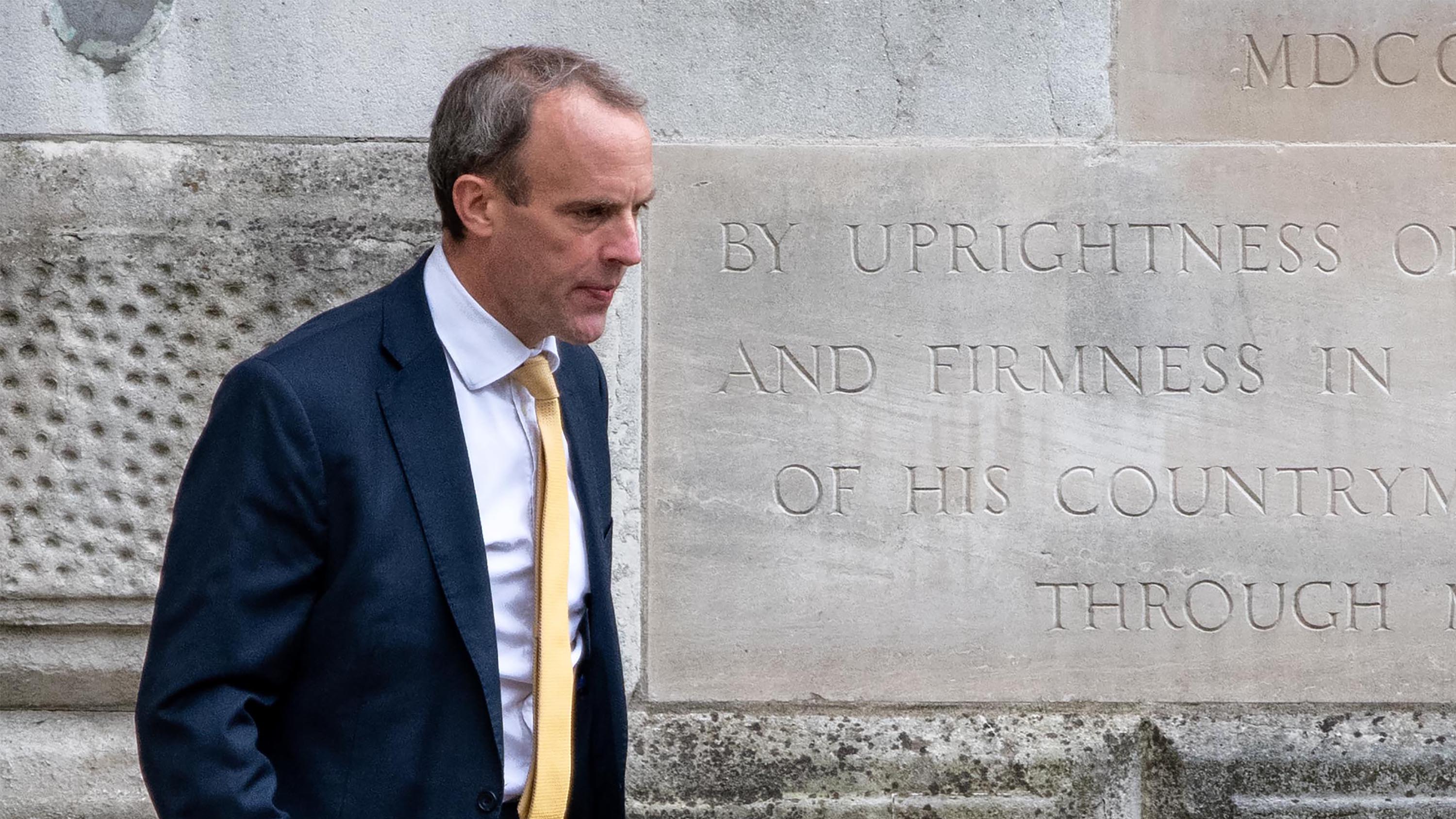 UK Foreign Secretary, Dominic Raab, leaves the Foreign, Commonwealth and Development Office to head to a select committee on September 1, 2021 in London, England.