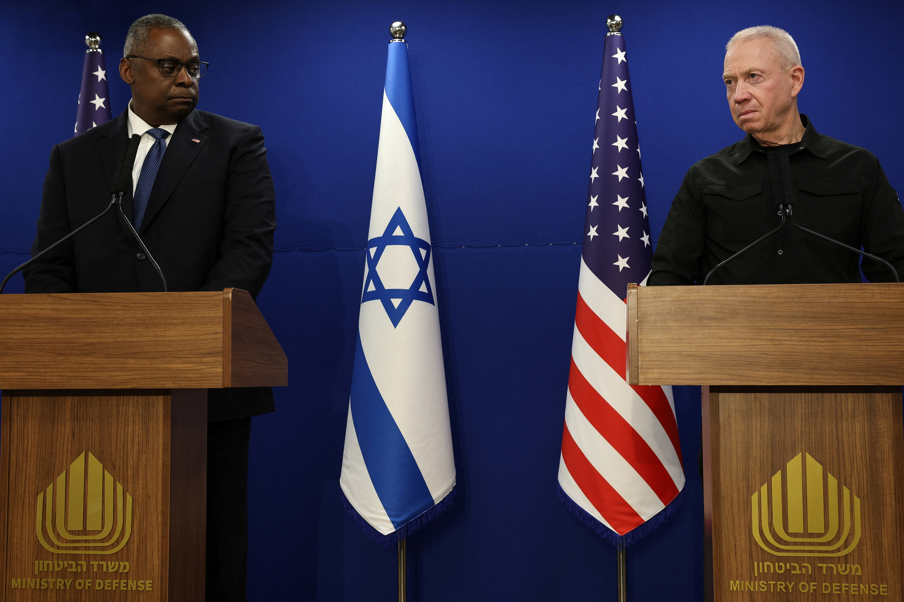US Secretary of Defense Lloyd Austin (L) and Israeli Minister of Defense Yoav Gallant hold a joint press conference in Tel Aviv, Israel, on December 18, 2023.