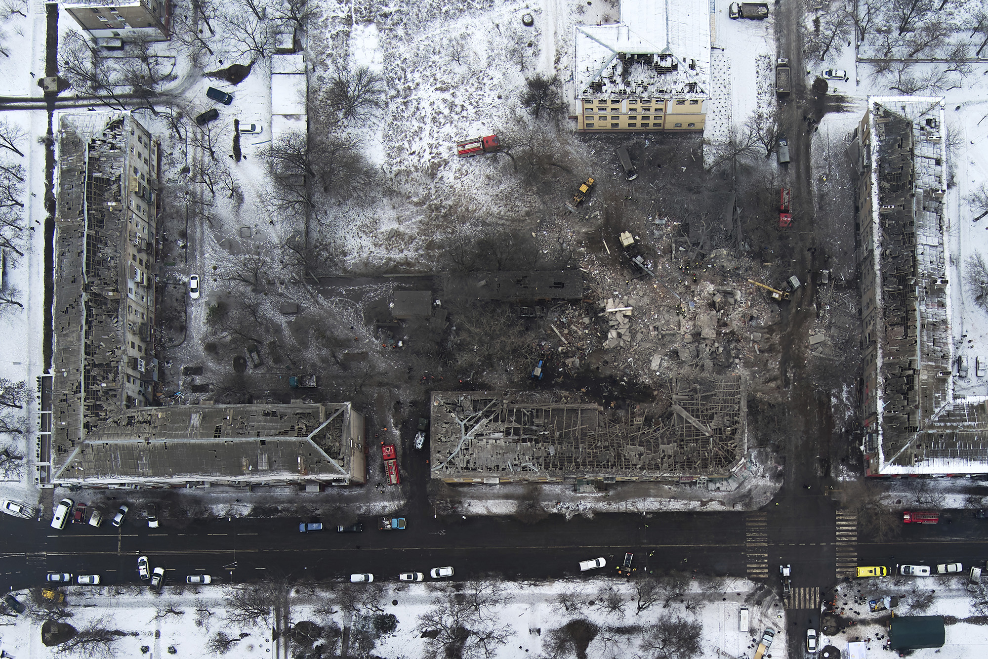 An aerial view of apartment buildings hit by Russian rockets in Kramatorsk, Ukraine, on February 2. (Yevgen Honcharenko/AP)