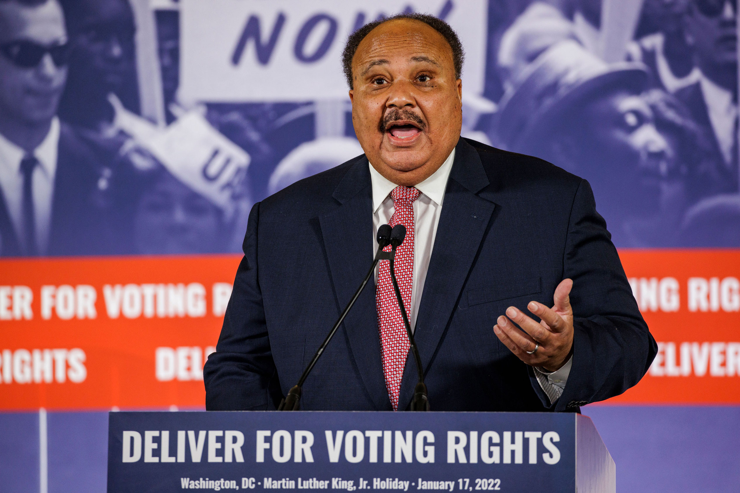 Martin Luther King III, speaks during a press conference with Speaker of the House Nancy Pelosi at Union Station in Washington, DC on Monday.