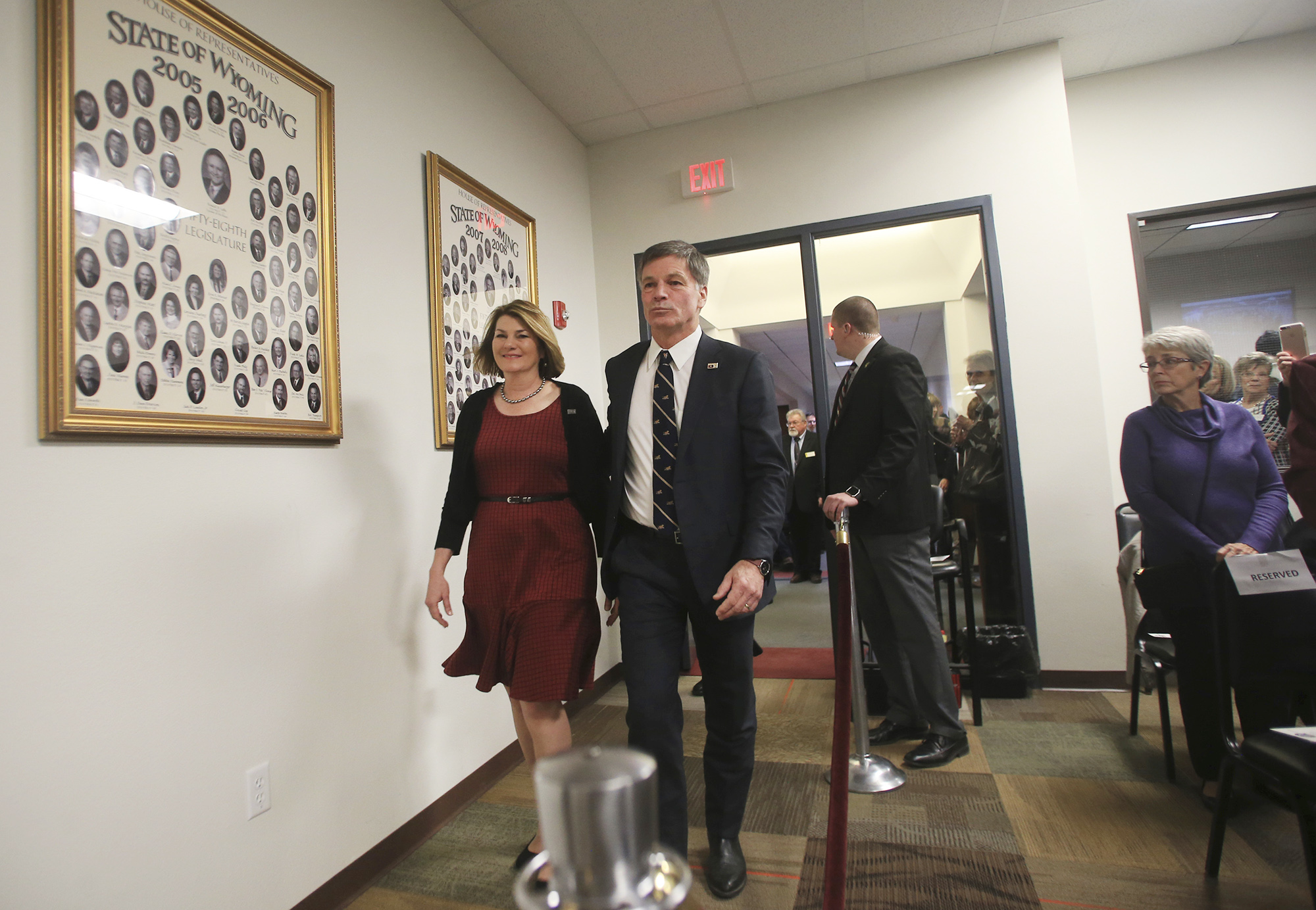 Wyoming Gov. Mark Gordon and his wife, first lady Jennie Gordon, arrive for the 65th Wyoming Legislature's 40-day general session on Wednesday, January 9, 2019, in Cheyenne, Wyoming