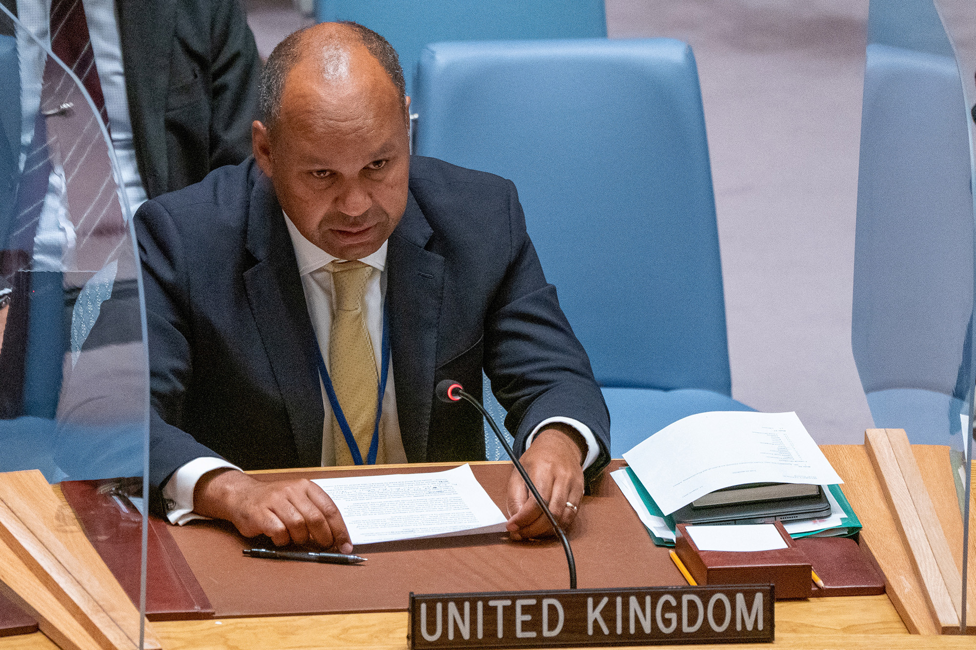 United Kingdom's Deputy Permanent Representative to the UN James Kariuki speaks at the UN Security Council's emergency meeting at the United Nations Headquarters on August 23.