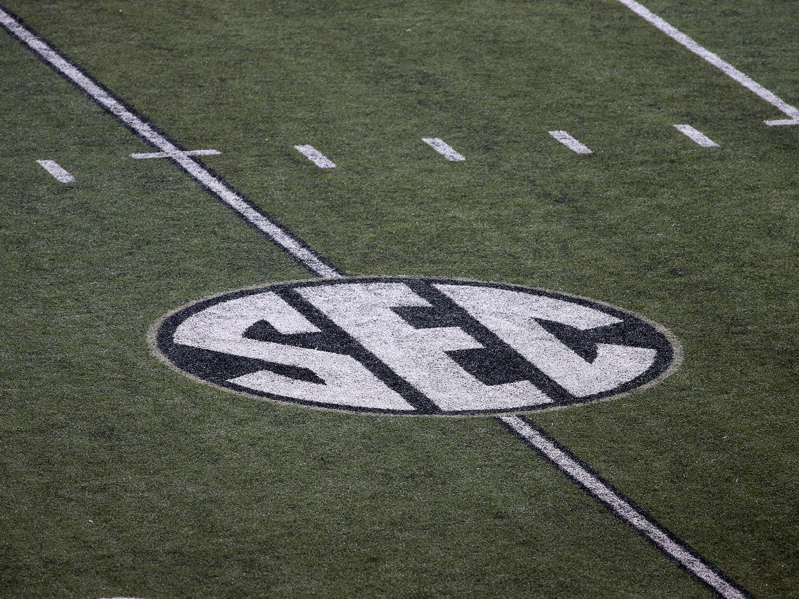 The SEC logo on Dudley Field prior to a game between the Vanderbilt Commodores and LSU Tigers, October 3, at Vanderbilt Stadium in Nashville, Tennessee.