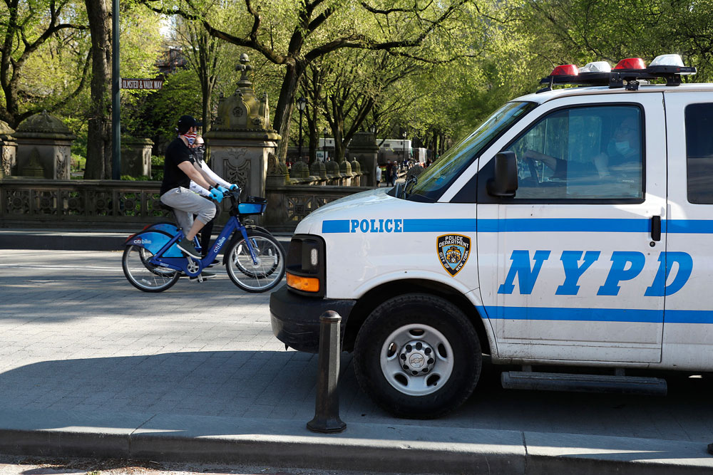 NYPD patrols Central park to assure people keep to social distancing rules during the coronavirus pandemic on May 2.