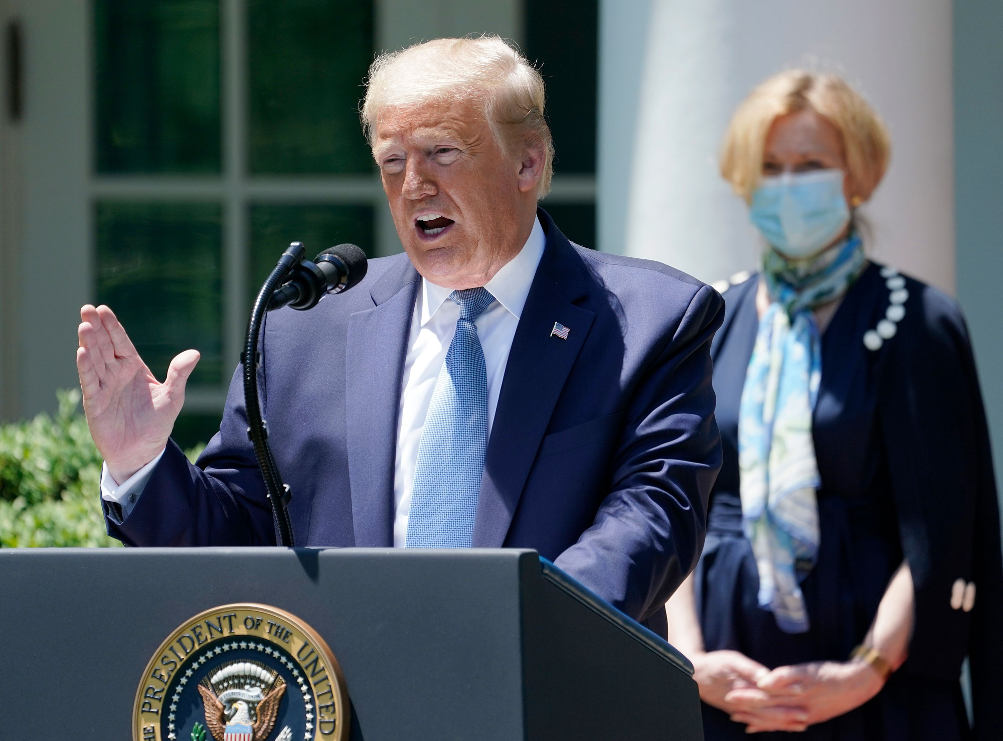 U.S. President Donald Trump speaks about coronavirus vaccine development in the Rose Garden of the White House on May 15 in Washington.