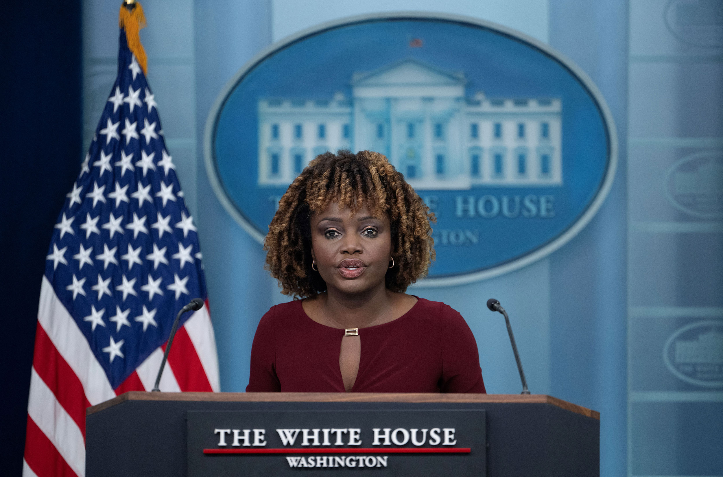 White House press secretary Karine Jean-Pierre speaks during a press briefing at the White House in Washington, DC, on April 15.