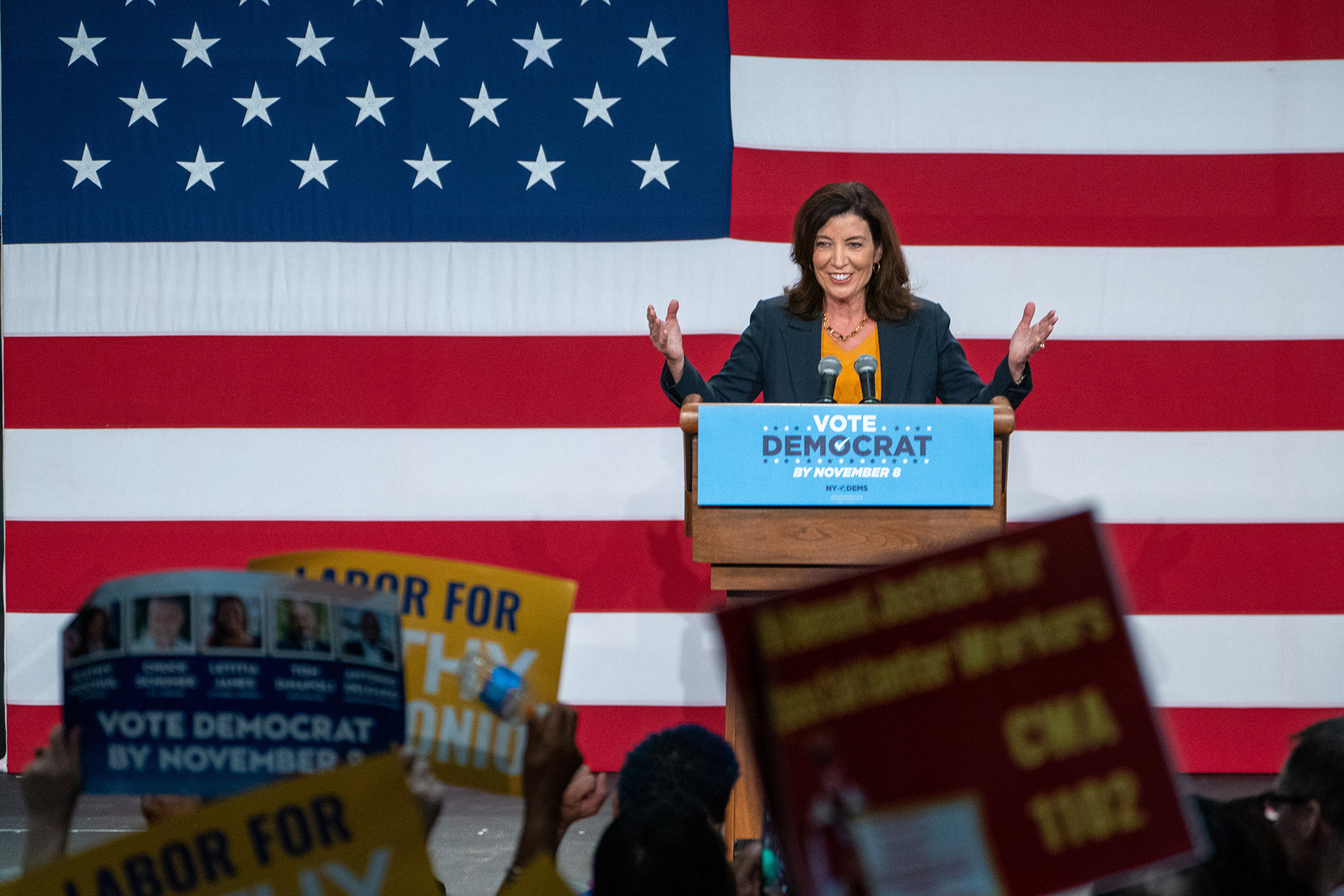 Gov. Kathy Hochul speaks at a Get Out The Vote rally on November 5, in New York City.