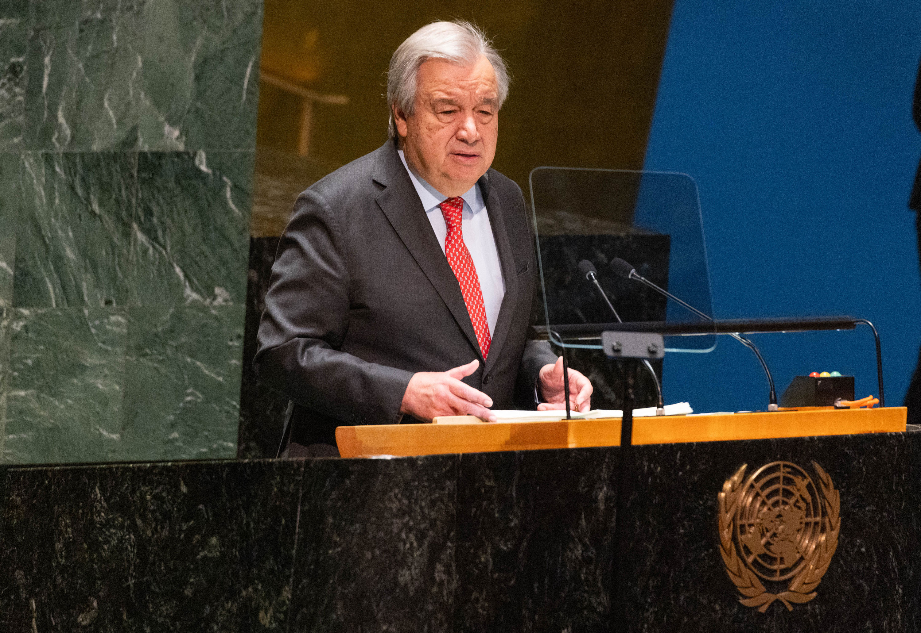 United Nations Secretary General António Guterres speaks at the UN General Assembly in New York on February 7. 