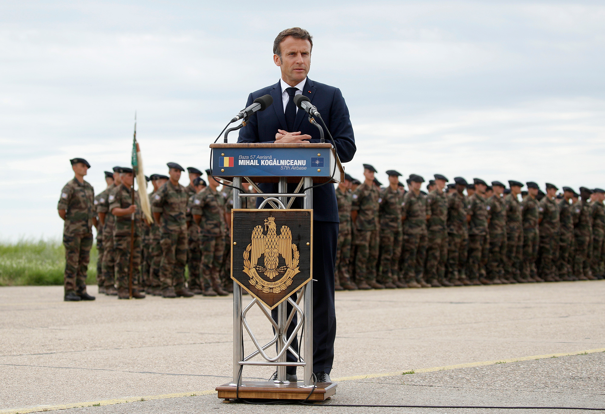 French President Emmanuel Macron delivers a speech at the Mihail Kogalniceanu Air Base near Constanta, Romania, on Wednesday, June 15.