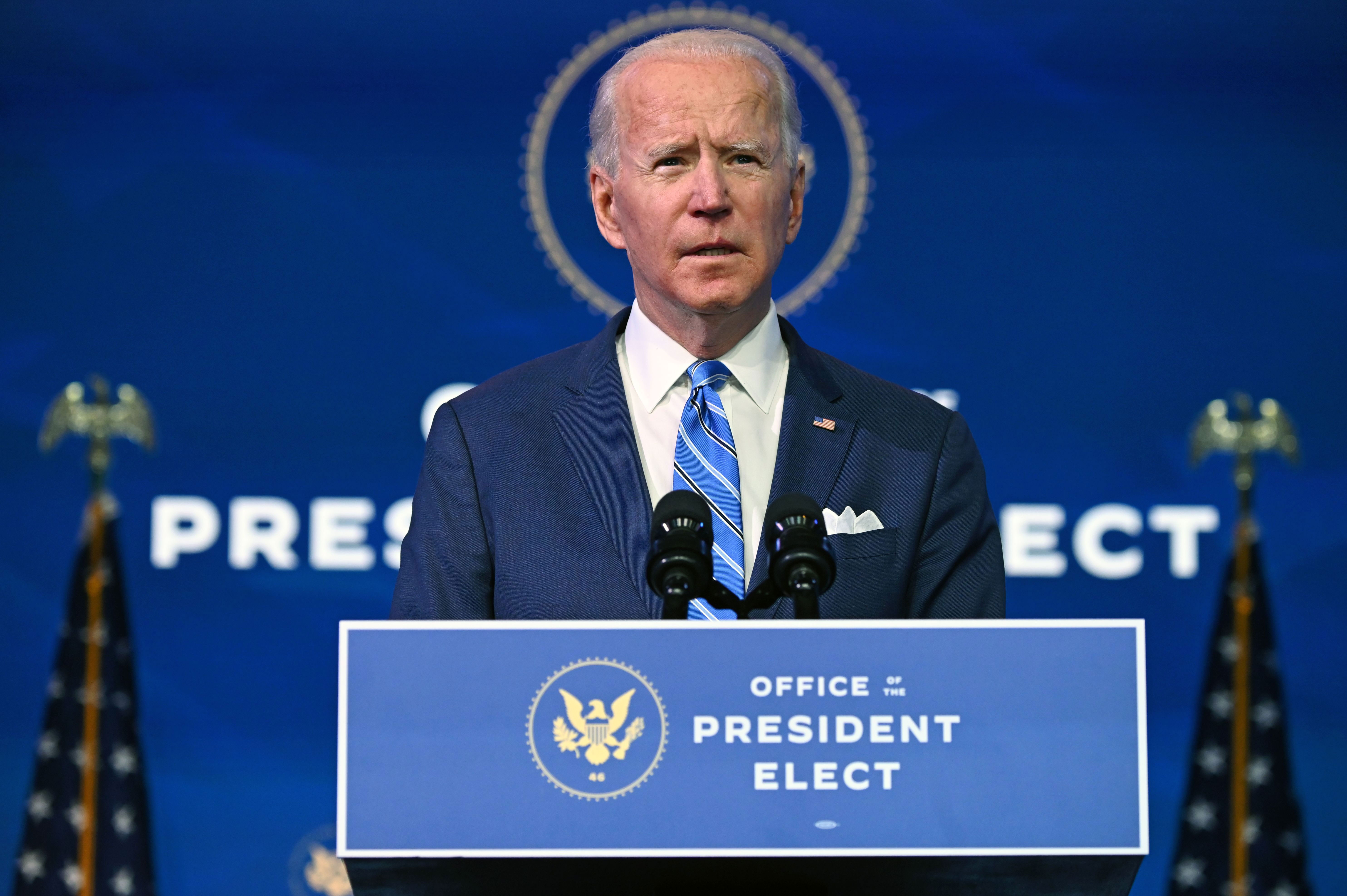 President-elect Joe Biden speaks in Wilmington, Delaware, on January 14.