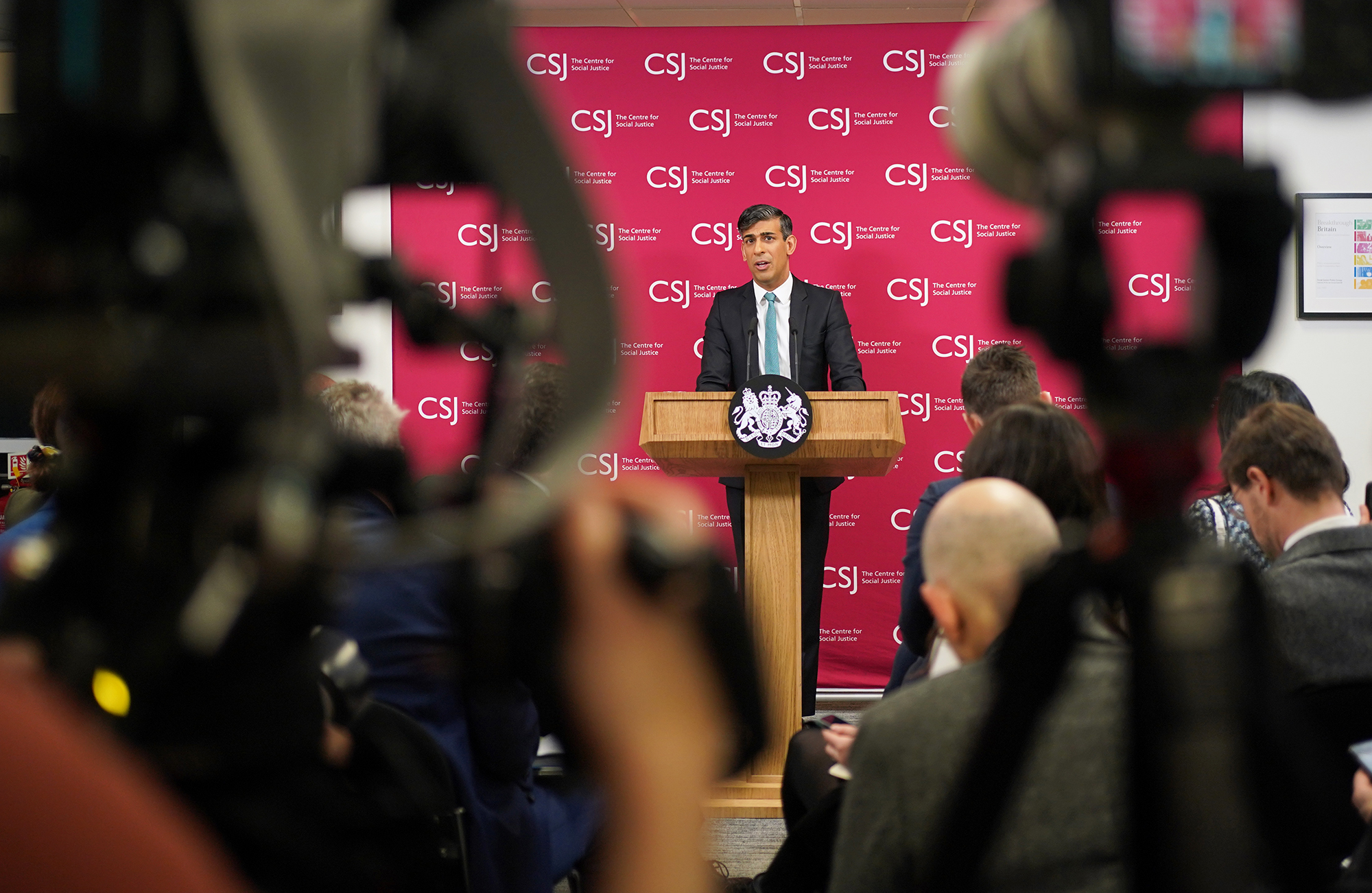 British Prime Minister Rishi Sunak delivers a speech on welfare reform at the Centre for Social Justice on April 19, in London, England.