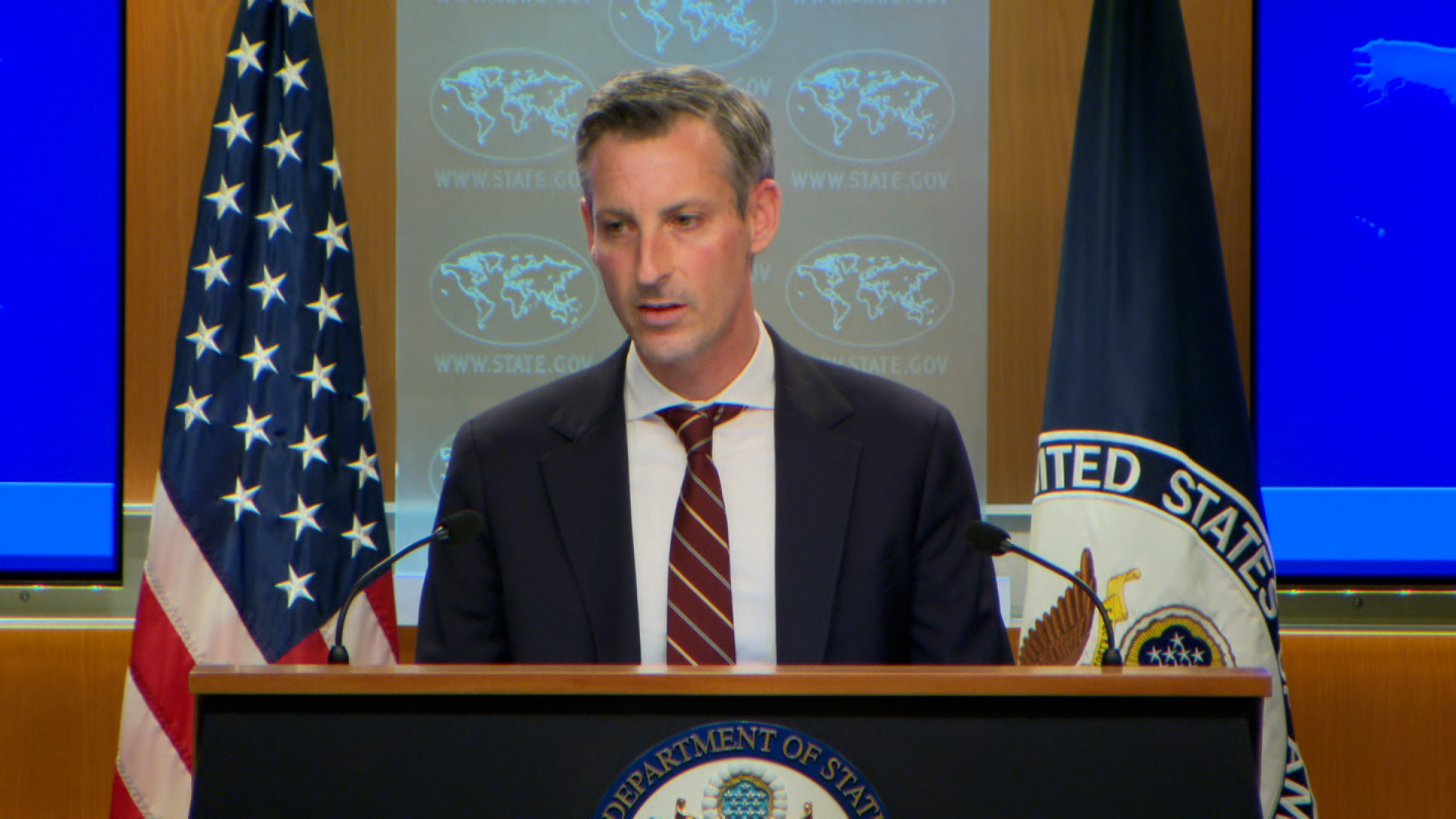 State Department spokesperson Ned Price briefs the media on Thursday.