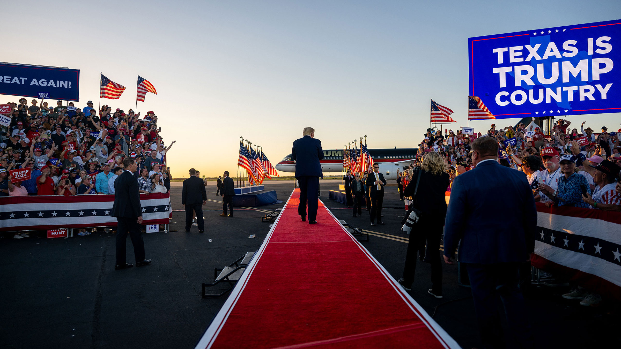 Former President Donald Trump leaves after speaking at a campaign rally in Waco, Texas, in March.