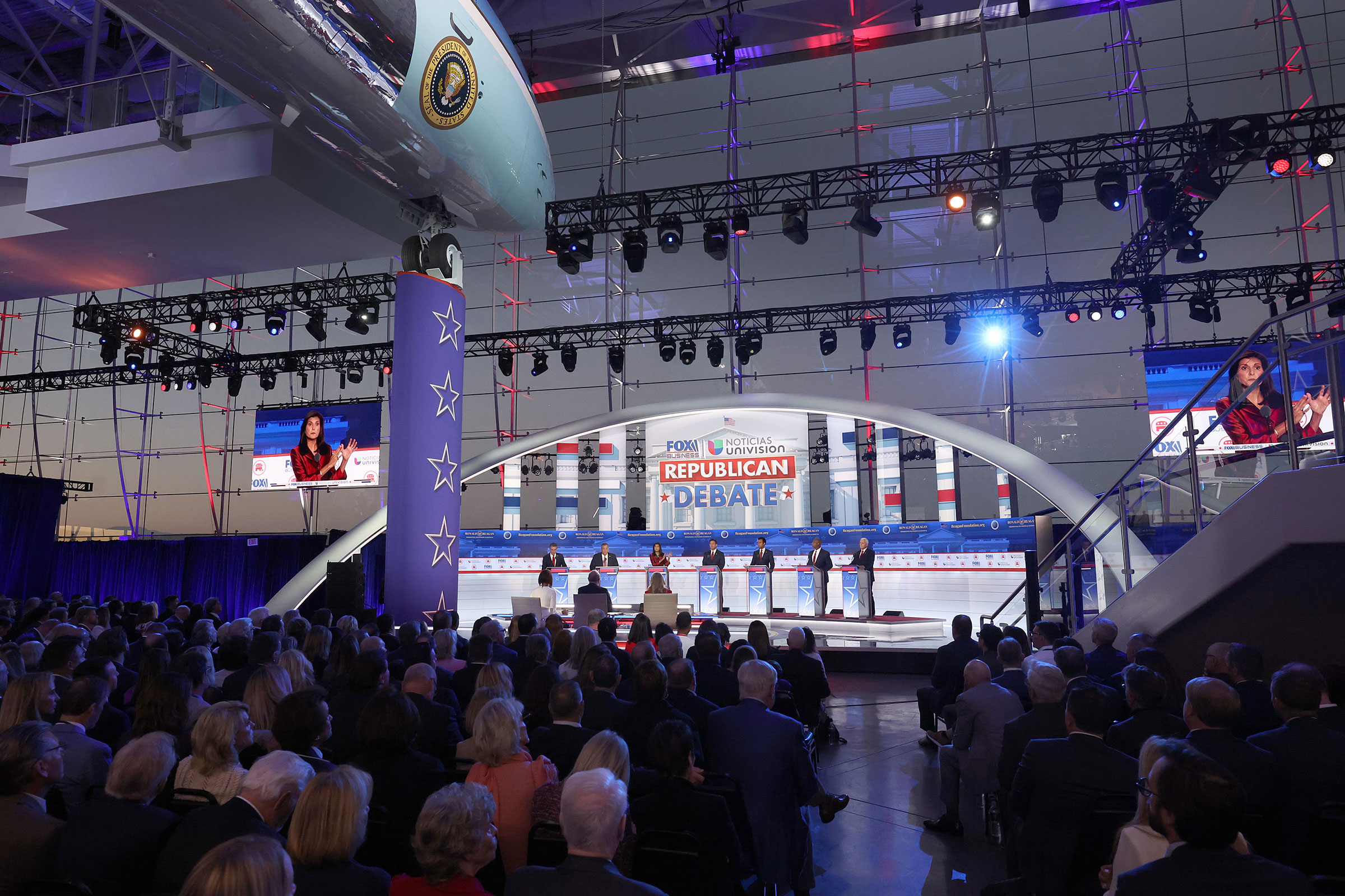 Republican presidential candidates North Dakota Gov. Doug Burgum, former New Jersey Gov. Chris Christie, former UN Ambassador Nikki Haley, Florida Gov. Ron DeSantis, Vivek Ramaswamy, Sen. Tim Scott and former Vice President Mike Pence participate in the FOX Business Republican Primary Debate at the Ronald Reagan Presidential Library on September 27, 2023 in Simi Valley, California. 