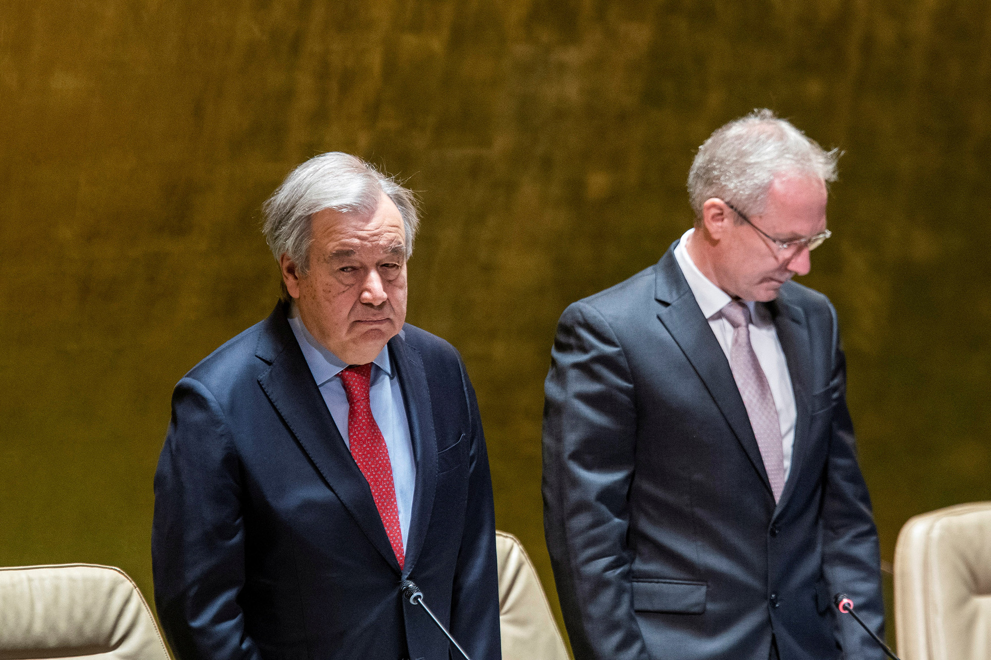 United Nations Secretary General Antonio Guterres, left, attends a minute of silence for the victims of the earthquake in Turkey and Syria during the 58th plenary meeting at the United Nations headquarters in New York, U.S., on February 6.