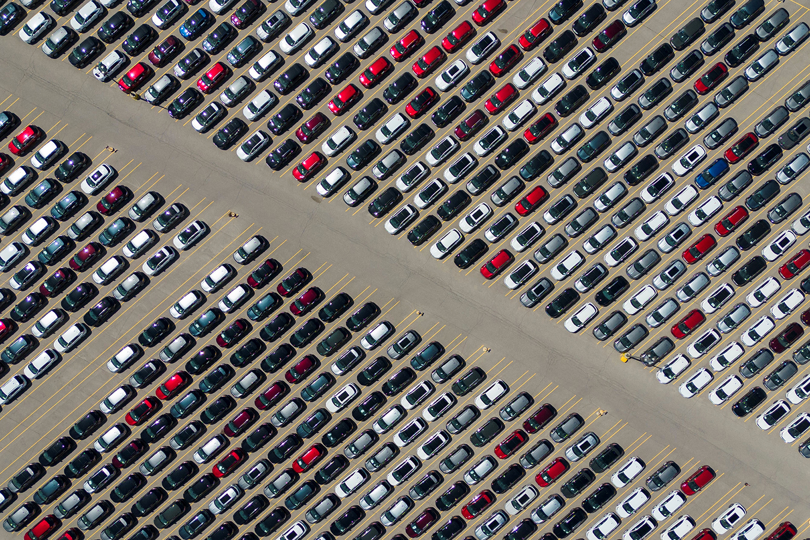 An aerial view shows recently manufactured vehicles at Ford's Oakville Assembly Plant in Oakville, Ontario, Canada, on May 26.
