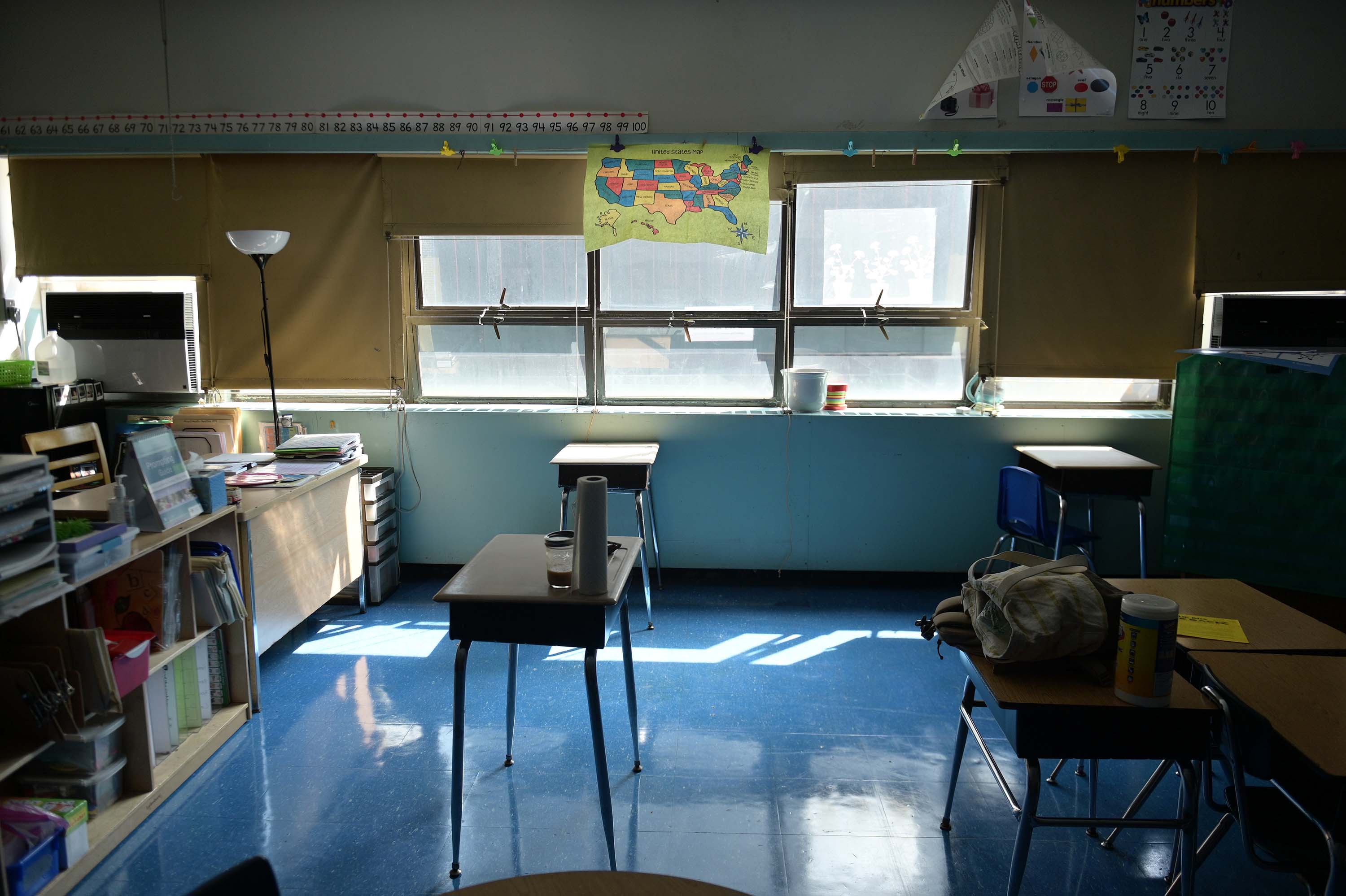 A map of the United States waves in a classroom at Yung Wing School P.S. 124 in New York City, on September 8.