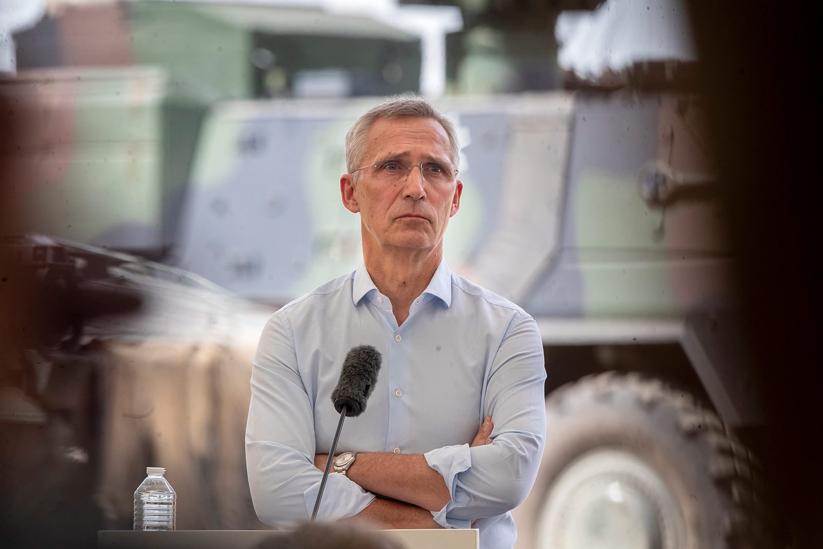 Jens Stoltenberg speaks during a press conference in Pabrade, Lithuania, on June 26.