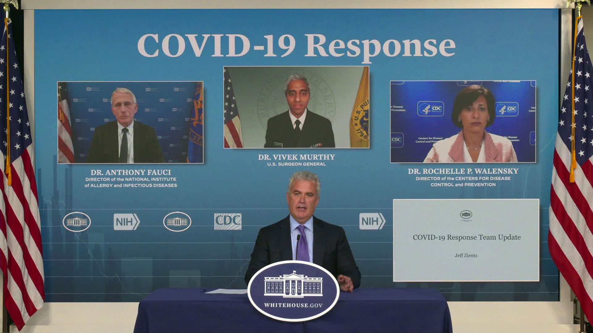 White House Covid-19 response coordinator Jeff Zients, center, speaks at a briefing on September 17.