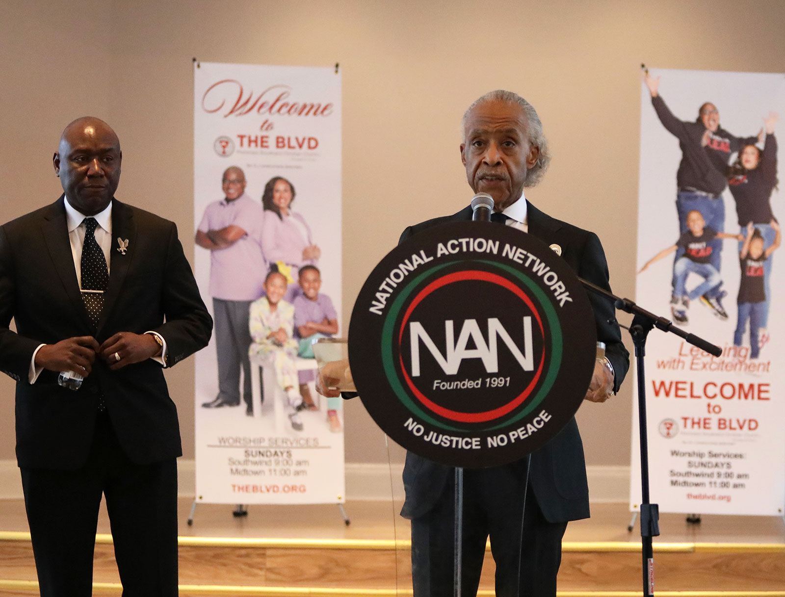 Rev. Al Sharpton speaks alongside Benjamin Crump during a press conference following Tyre Nichols' funeral service on Wednesday. 