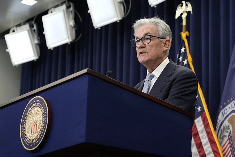 Federal Reserve Board Chair Jerome Powell speaks during a news conference at the Federal Reserve, today in Washington.