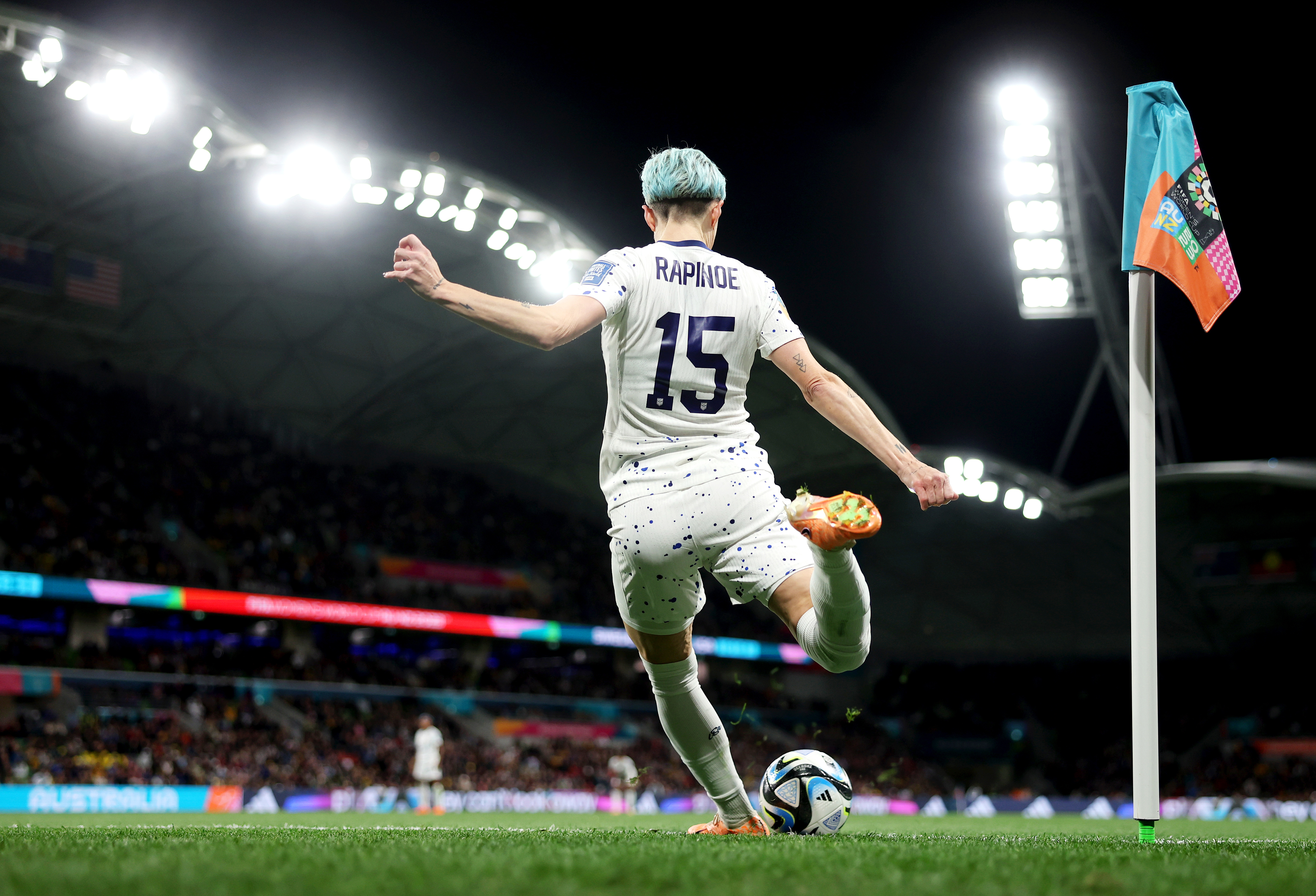 US star Megan Rapinoe, who back in July announced her retirement at the end of the 2023 National Women’s Soccer League (NWSL) season, takes a corner kick against Sweden. It is likely her final World Cup match ever.