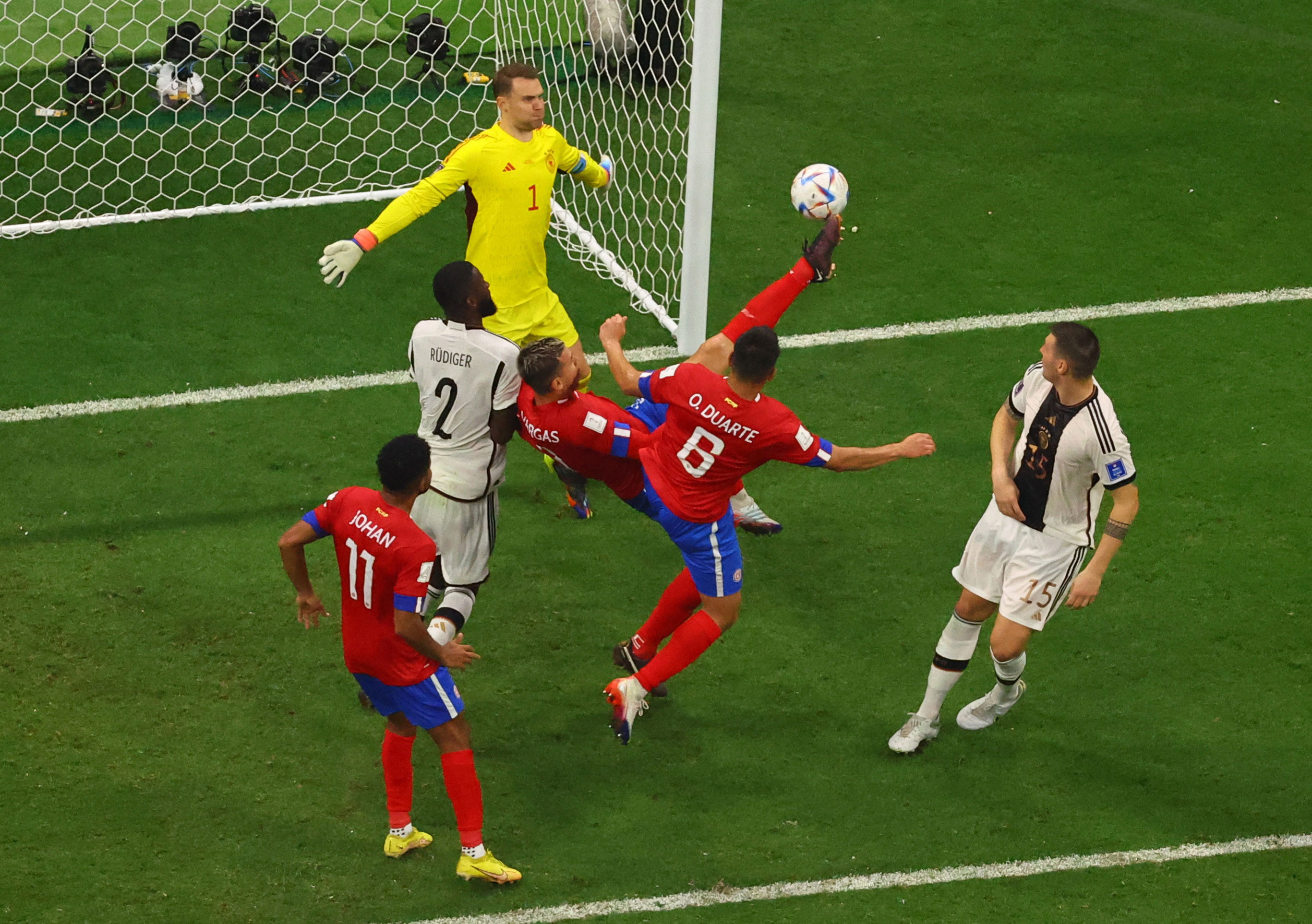 Costa Rica's Juan Pablo Vargas scores his team's second goal against Germany.