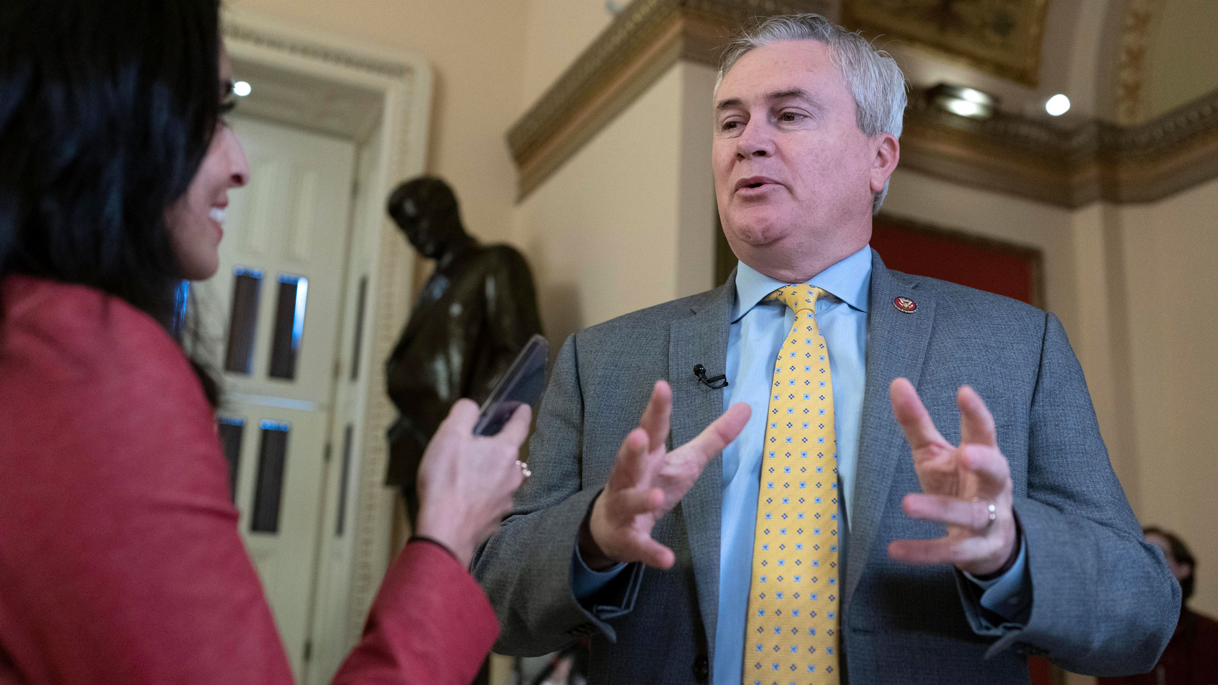US Rep. James Comer talks to a reporter on Capitol Hill on Thursday.