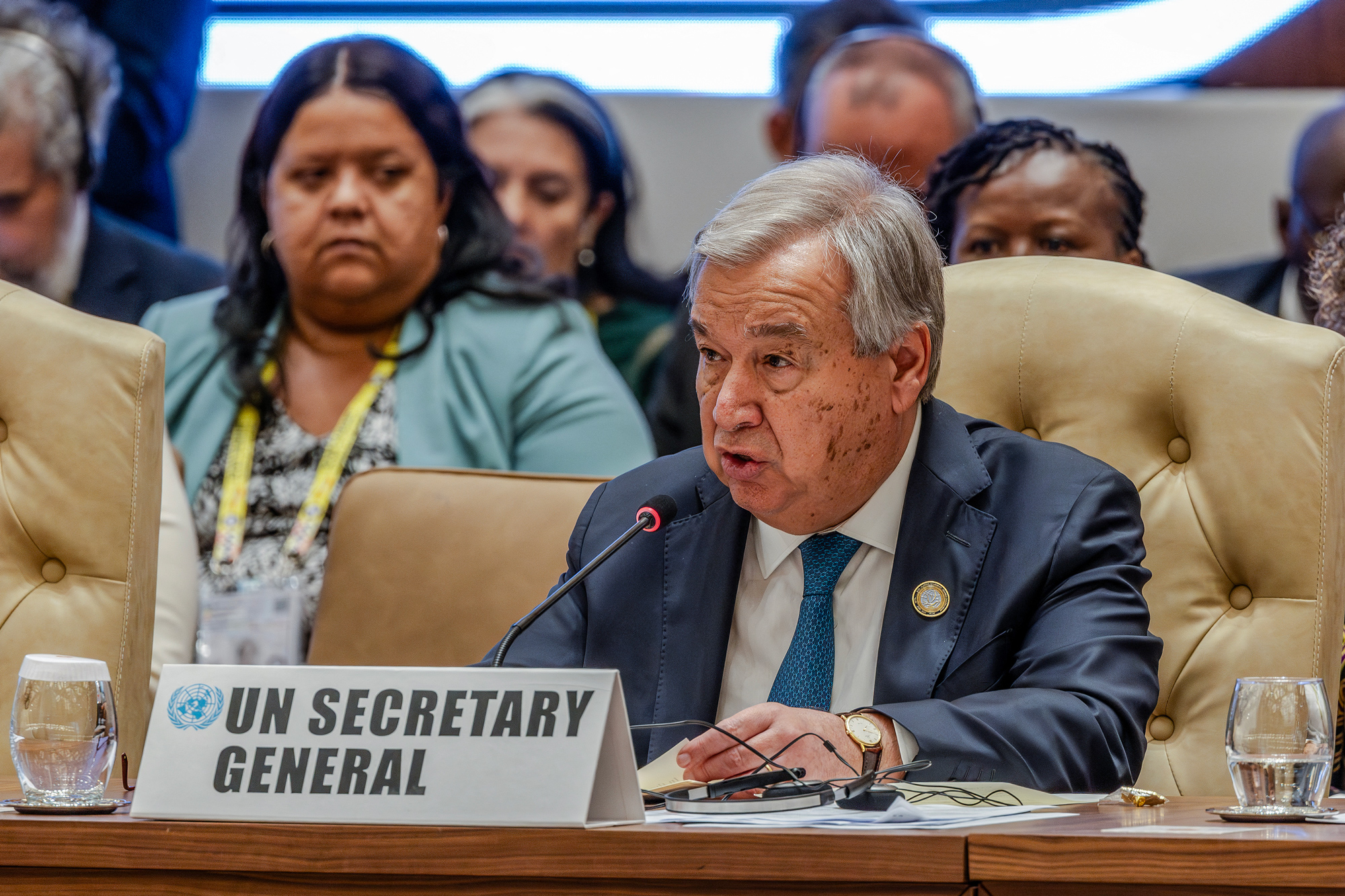 Secretary General of the United Nations Antonio Guterres delivers his speech during the closing session of the 19th Summit of Heads of State and Government of the Non-Aligned Movement (NAM) in Kampala, Uganda, on January 20.