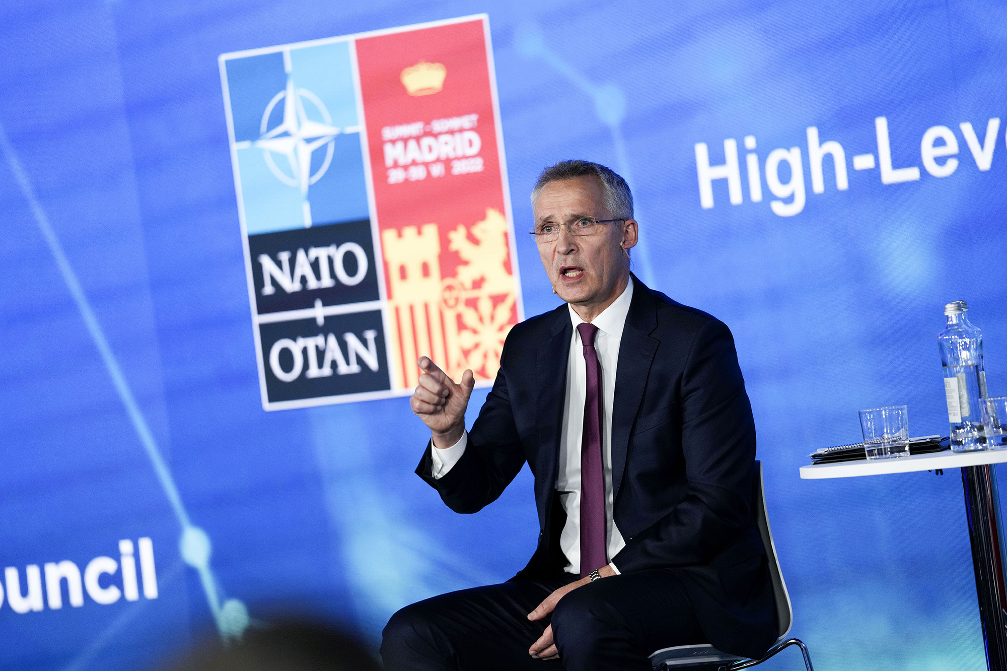 NATO Secretary General Jens Stoltenberg speaks at the NATO public forum during a NATO summit in Madrid, Spain, on June 28.